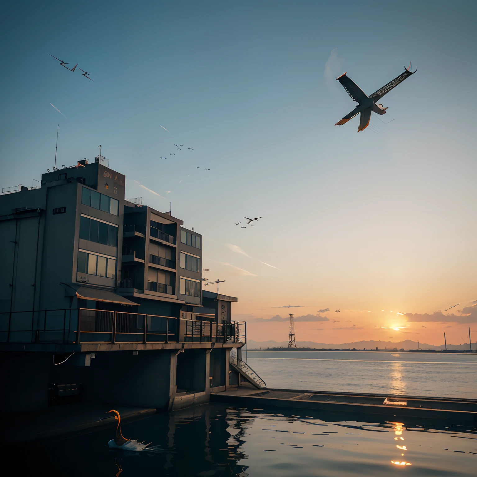 Draw a picture of sunset and solitary cranes flying together in a cyberpunk style,The autumn water is a sight of the same sky。