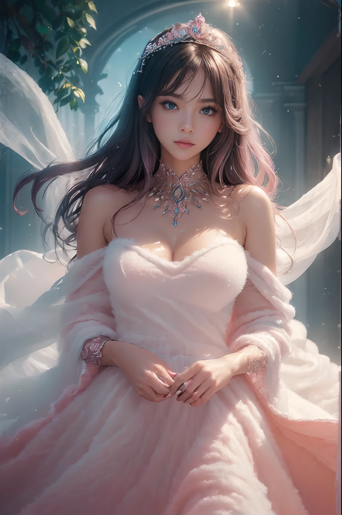 (masterpiece:1.2)、top-quality、(illstration:1.2)、(The ultra-detailliert)、Eye Focus、(Masterfully crafted Glow、pink lens flare)、(Cinematic background)、Hyper-detailing、(delicate detail)、(intricate detailes)、octan render、HDR、(Hyper-detailing:1.15)、(softlight:1.2)、Super beautiful princess in silver tiara、Woman in a very beautiful pink dress、Golden Decoration(super model:1.3)、Woman made up of paint、entirely paint、Splat、Splash、bionde(Bionde:1.1)、(radiant eyes)、((make - up))、(Cinematic masterpieces)、Delicate and powerful、 (Cinematic headlight)、((Caustic))、dynamic ungle、Beautiful detail glow、ambient occlusion、ambient lights、Ray trace reflection、(best illumination、Extremely delicate and beautiful)、((ciinematic light))、(The soft:2)、Vivid and high contrast、Contre-Jour、huge tit、EABA with intricate details、red cloak、
