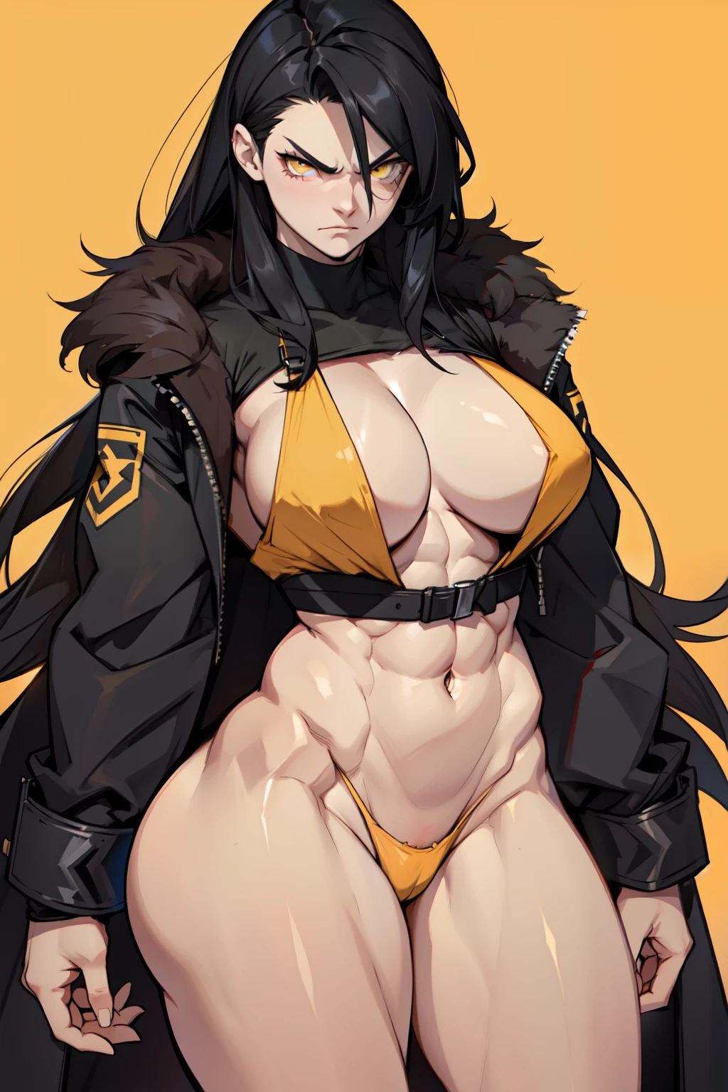 1girl black hair yellow eyes very long hair pale skin angry (((muscular toned body))) thick thighs large breasts curvy wide hips(fur coat) bodybuilder