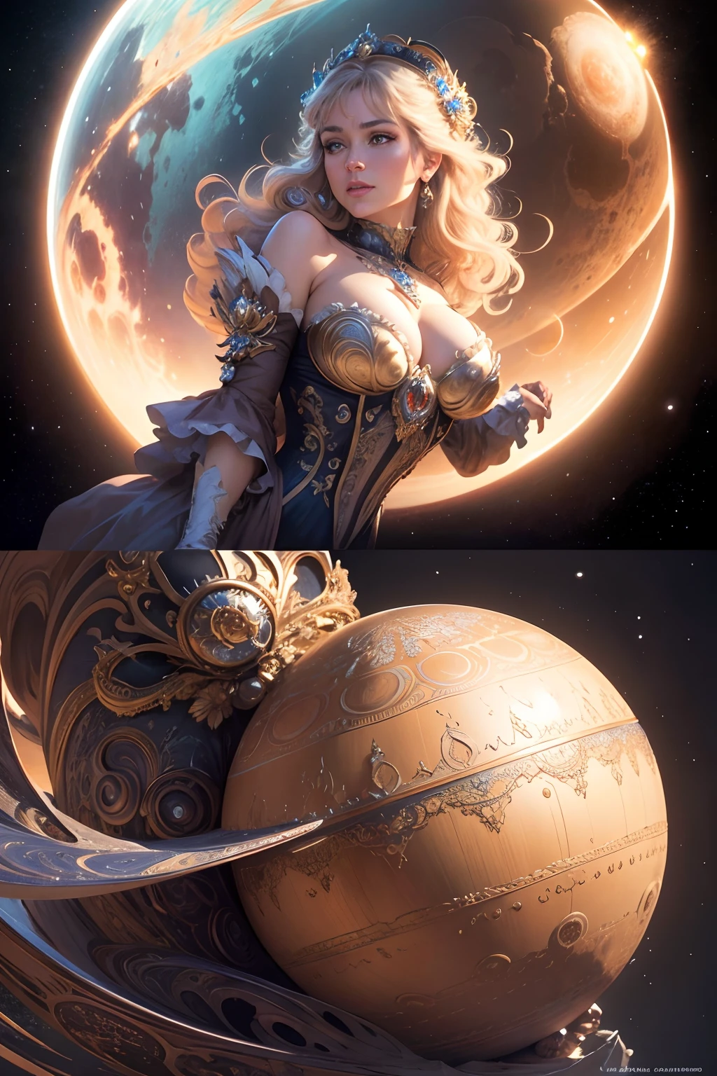 Sphere, Intricate, Rococo, Scenic, Hyperdetailed, Delicate; Royo; bright gassy colors; Regal; Bagshaw, Chevrier, Ferri, Kaluta, Minguez, Mucha, Johansson. Cinematic, 8K, concept, smooth focus, rutkowski, detailed Jupiter, beautiful, Artgerm, Giger, Planets, Space, wide angle