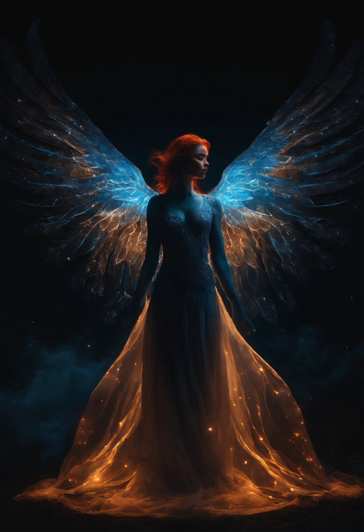 (a cosmic fallen angel:1.1, eerie:0.9, creepy:0.9, nightmarish, very bright colors, light particles, with light glowing, Mshiv, wallpaper art:1.1, UHD wallpaper, bioluminescent, surrealistic, dark background, detailed wings, glowing mystical symbols, ethereal glow, hauntingly beautiful, heavenly aura, delicate body, fiery red hair, delicate ethereal dress, floating in midair, surrounded by stars and galaxies, otherworldly landscape, cosmic energy radiating from the angel, mysterious and captivating, glowing eyes illuminating the darkness, intricate biomechanical details, celestial being, supernatural presence, captivating facial features, celestial light casting shadows)