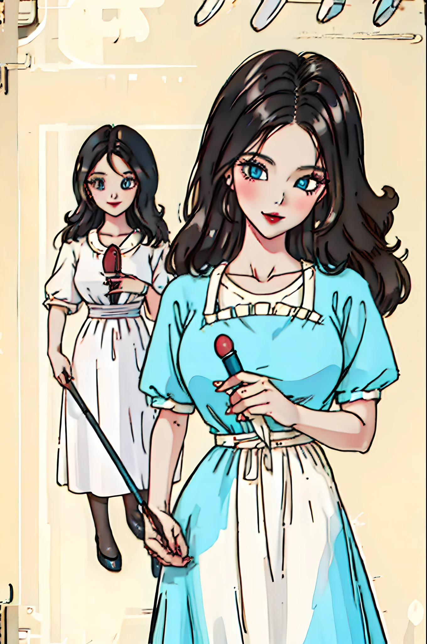 Android Housewife, black hair, blue eyes, blue shirt, long hair, stepford dress, lipstick, standing at attention