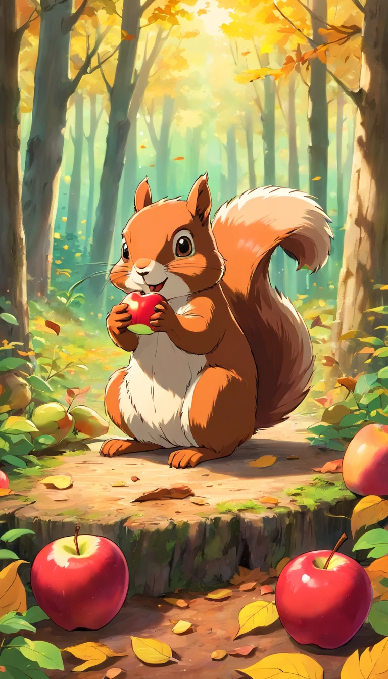 There is a cartoon photo of a squirrel eating an apple, Forest background, ๐ Cute, Autumn background, woodland backround, card frame, without text, woodenhor, Background(solid), Forest theme, forest picnic, on clear background, Three forest creatures, Forest setting, Wooden frame, signboard, Using wooden ones, sign, Forest background, forested background