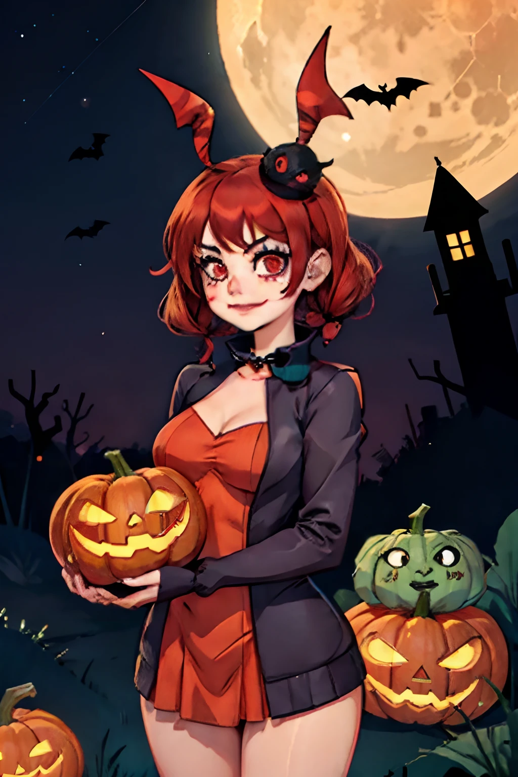 1girll,Half-faced clown mask,Red Moon,borgar,pumpkins,the bats,best qualtiy,HD graphics