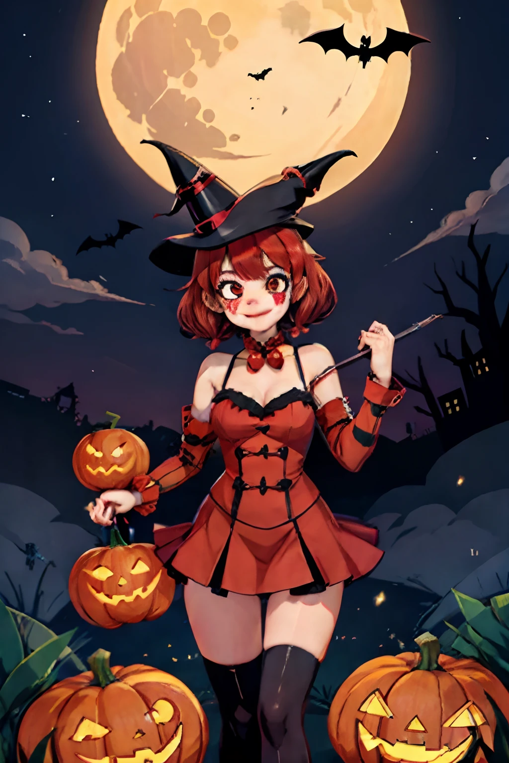 1girll，Half-faced clown mask，Red Moon，borgar，pumpkins，the bats，best qualtiy，HD graphics