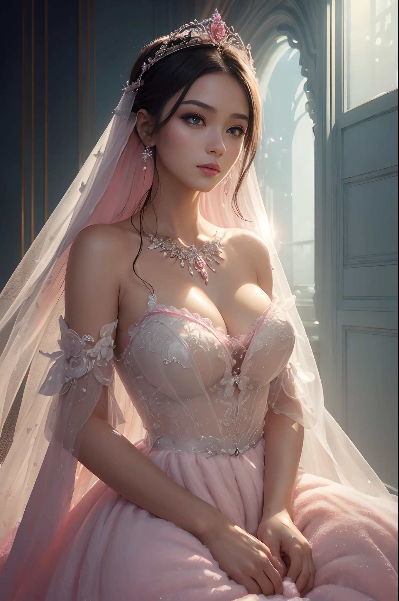 (​masterpiece:1.2)、top-quality、(illstration:1.2)、(The ultra-detailliert)、Eye Focus、(Masterfully crafted Glow、pink lens flare)、(Cinematic background)、Hyper-detailing、(delicate detail)、(intricate detailes)、octan render、HDR、(Hyper-detailing:1.15)、(softlight:1.2)、Super beautiful princess in silver tiara、Woman in a very beautiful red and white dress、Golden Decoration(super model:1.3)、Woman made up of paint、entirely paint、Splat、Splash、bionde(Bionde:1.1)、(radiant eyes)、((make - up))、(Cinematic masterpieces)、Delicate and powerful、 (Cinematic headlight)、((Caustic))、dynamic ungle、Beautiful detail glow、ambient occlusion、ambient lights、Ray trace reflection、(best illumination、Extremely delicate and beautiful)、((ciinematic light))、(The soft:2)、Vivid and high contrast、Contre-Jour、huge tit、EABA with intricate details、red cloak、Raking up hair