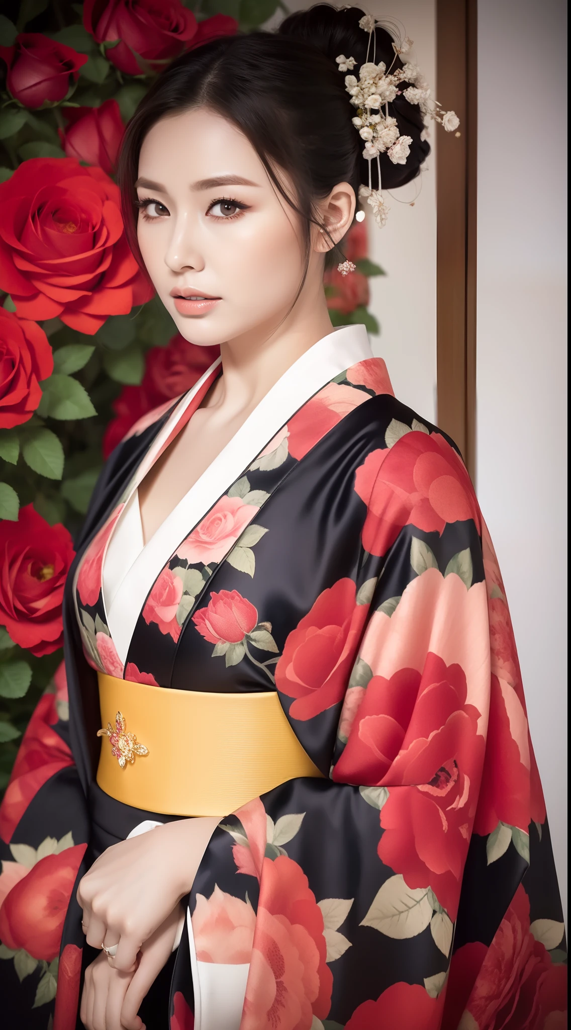 （Kimono made of real roses，lots of roses），Contemporary art，Complex design，top-quality，8K，tmasterpiece：1.3，Clear focus：1.2，Beautiful Women in Perfect Figure：1.4，Highly Detailed Face and Skin Textur，Detailed eyes，cparted lips，fully body photo，