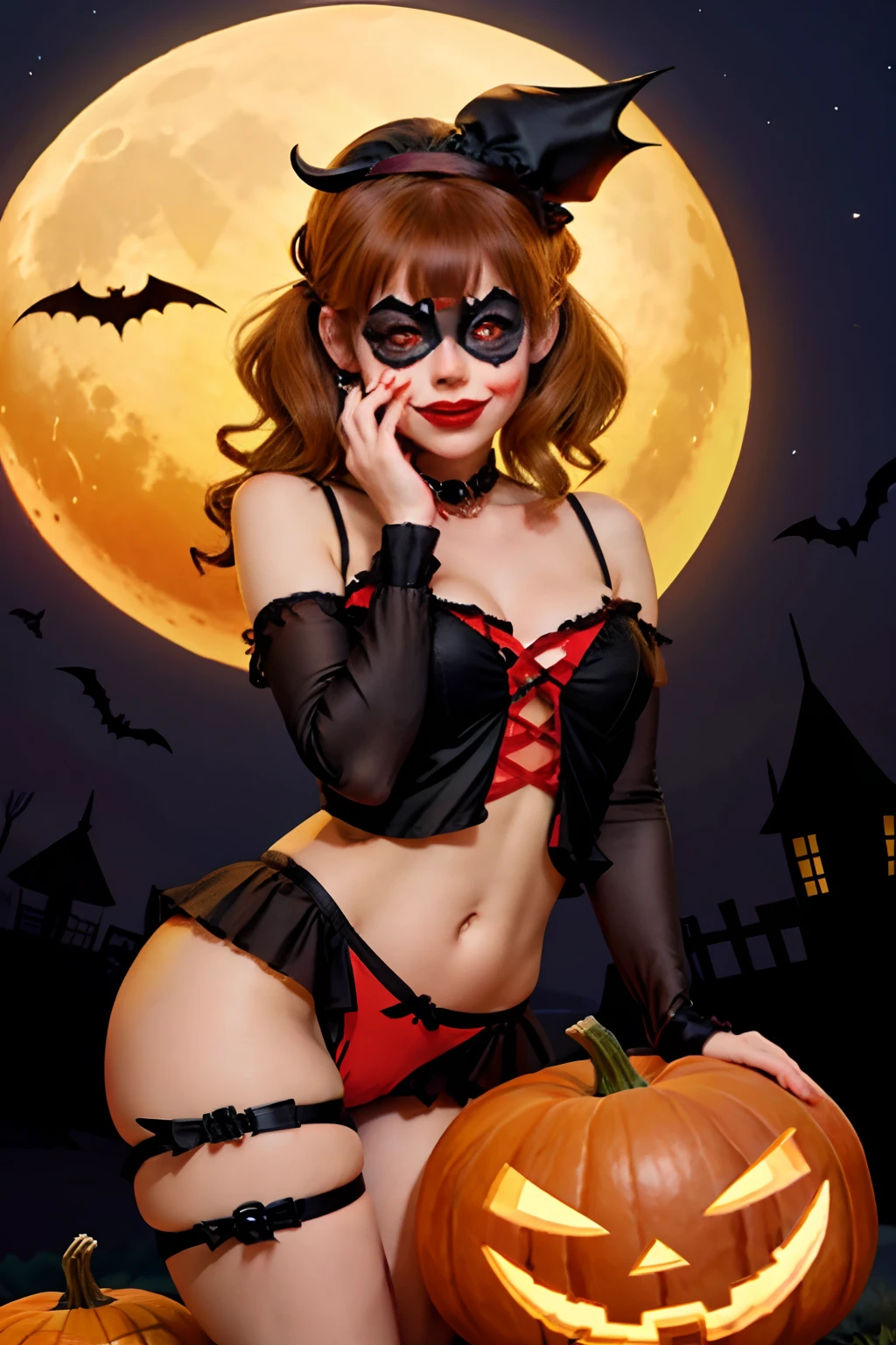 1girll，Half-faced clown mask，Red Moon，borgar，pumpkins，the bats，best qualtiy，HD graphics