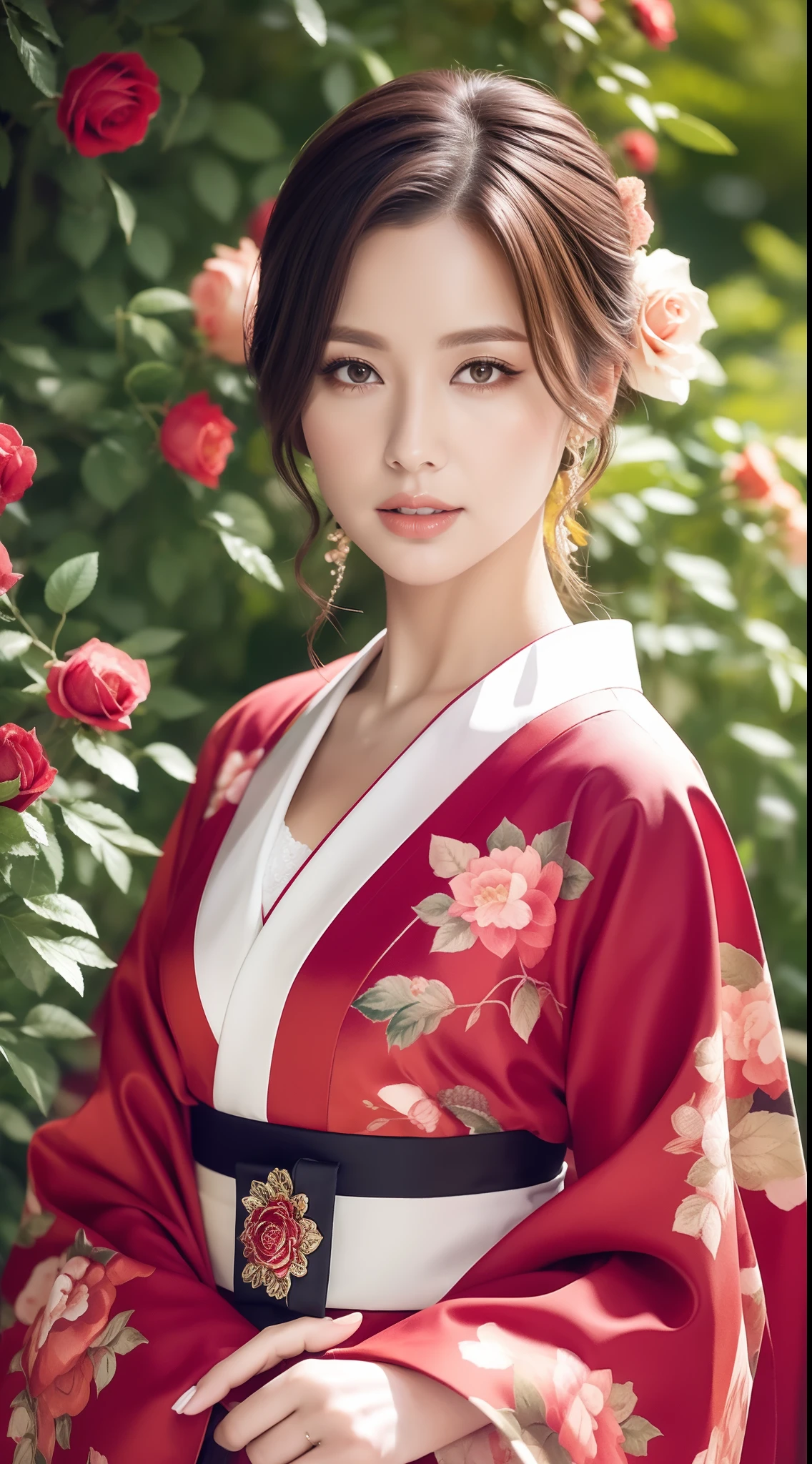 （Kimono made of real roses，lots of roses），Contemporary art，Complex design，top-quality，8K，tmasterpiece：1.3，Clear focus：1.2，Beautiful Women in Perfect Figure：1.4，Highly Detailed Face and Skin Textur，Detailed eyes，cparted lips，fully body photo，