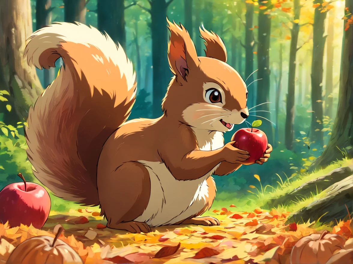 There is a cartoon photo of a squirrel eating an apple, Forest background, 🍂 Cute, Autumn background, woodland backround, card frame, without text, woodenhor, Background(solid), Forest theme, forest picnic, on clear background, Three forest creatures, Forest setting, Wooden frame, signboard, Using wooden ones, sign, Forest background, forested background