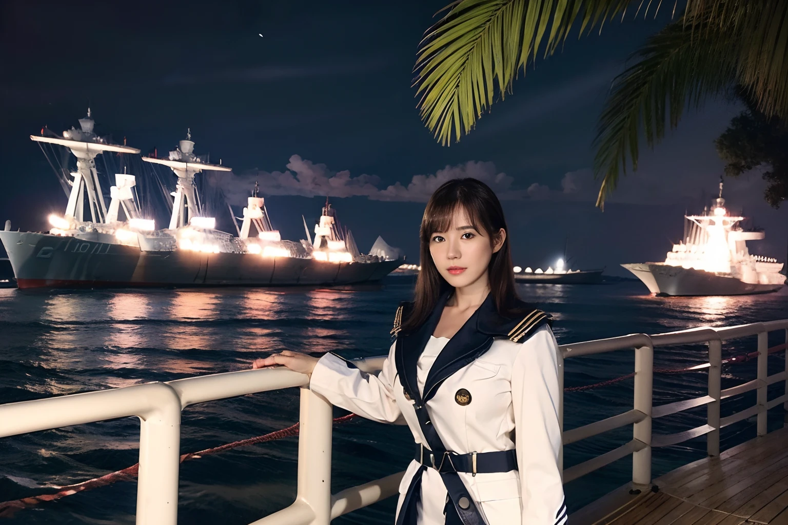45
(a 25yo woman), (A hyper-realistic), (masutepiece), Naval port at night, military outfits, (warships:1.46), (Breast:0.5)