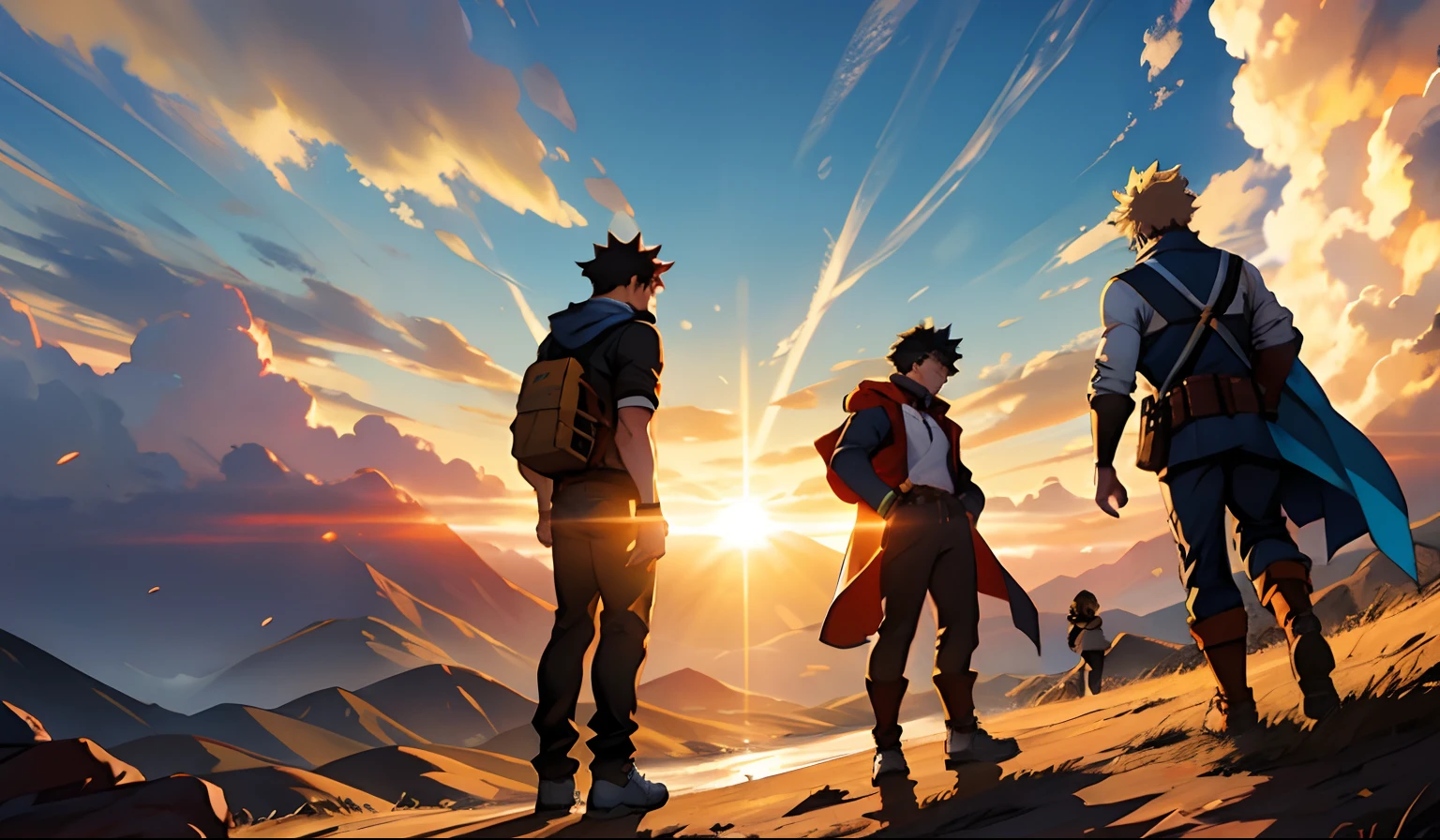 Au loin, in a sunny landscape, three heroes of My Hero Academia stand by.

Le premier, en tenue de streetwear, avec une jarre de sable, semble confiant dans son pouvoir.

The second, A guy in school uniform with medical symbols, Stands ready to heal.

The third, with black hair and an electric yellow aura, Emits powerful energy.

These three heroes form a team determined to save the world, la silhouette du soleil couchant en toile de fond.