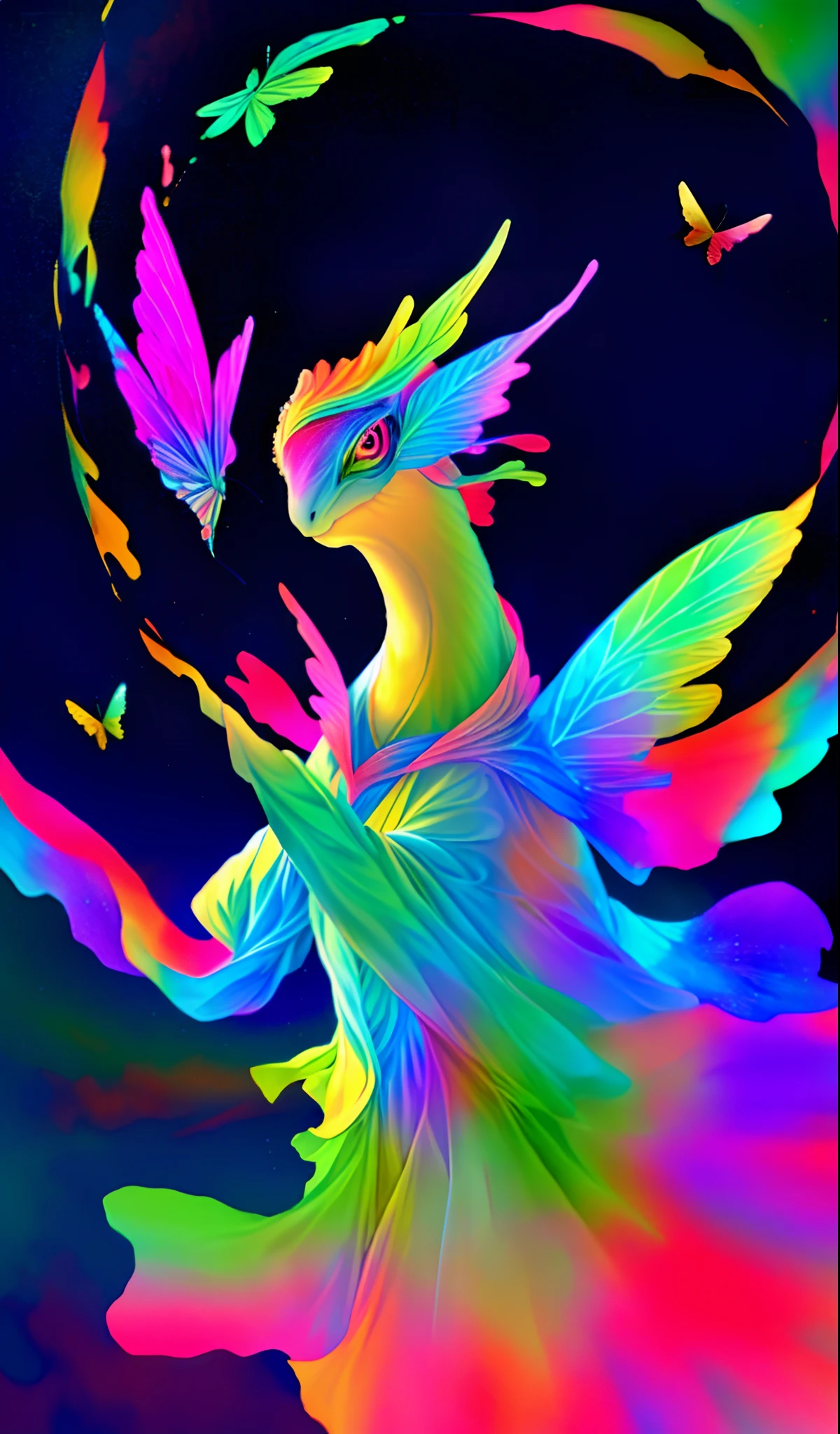 Cute iridescent round monster in space、Iridescent grass々Drawing a butterfly flying over the water, Looking up at the starry sky. Surround her with colorful nebulae and colorful forests.