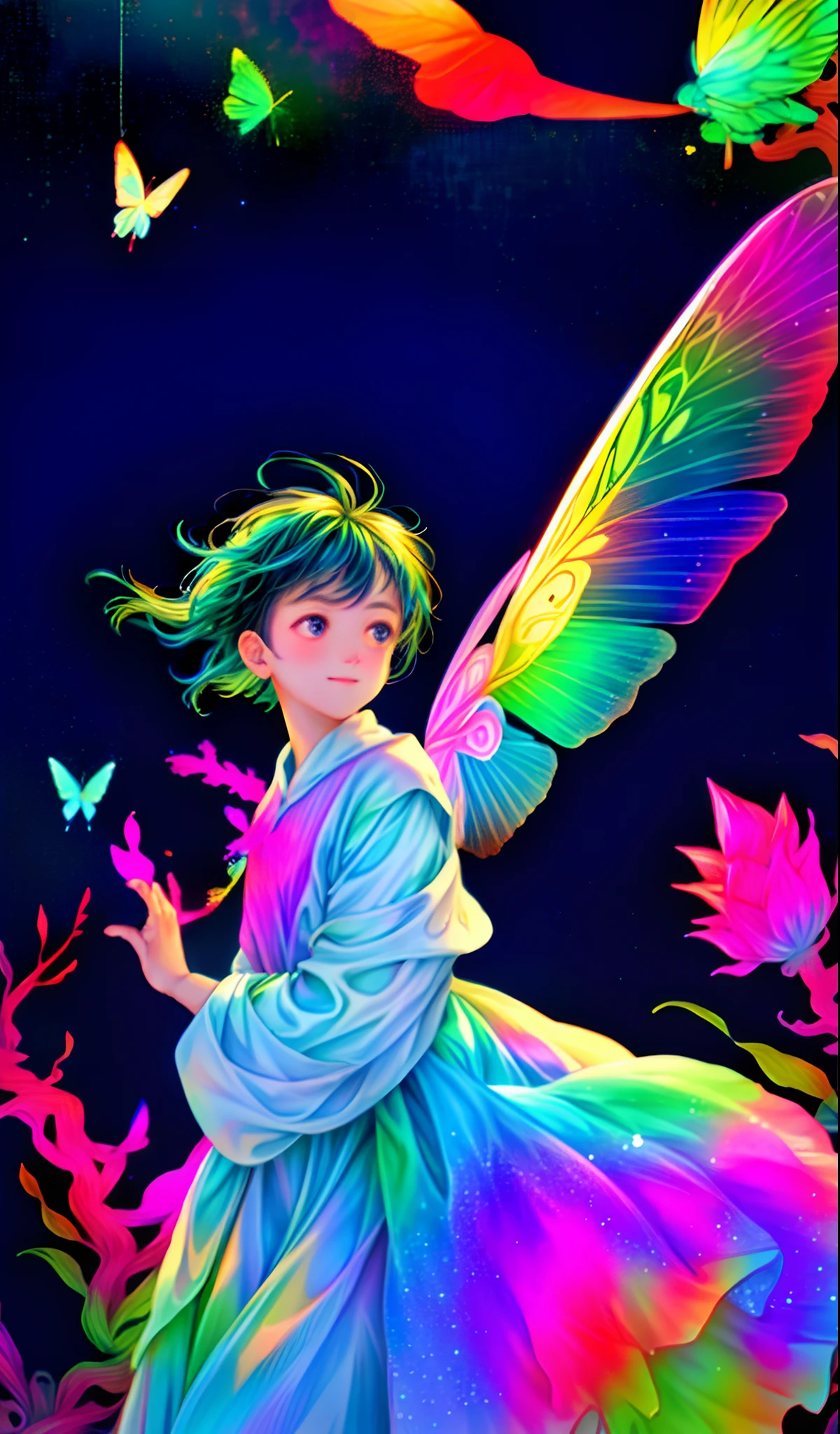 Cute iridescent round monster in space、Iridescent grass々Drawing a butterfly flying over the water, Looking up at the starry sky. Surround her with colorful nebulae and colorful forests.