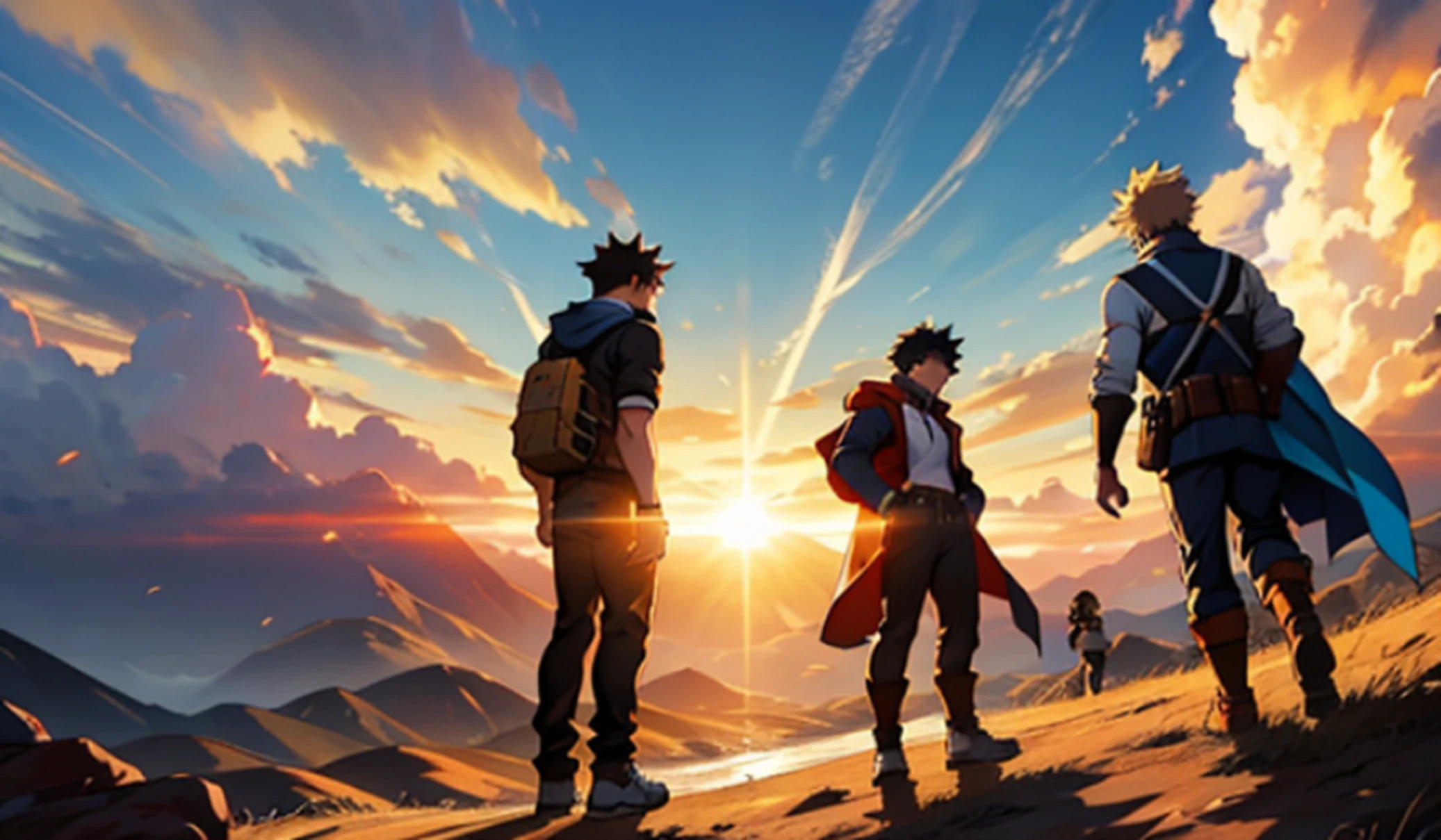 Au loin, in a sunny landscape, three heroes of My Hero Academia stand by.

Le premier, en tenue de streetwear, avec une jarre de sable, semble confiant dans son pouvoir.

The second, A guy in school uniform with medical symbols, Stands ready to heal.

The third, with black hair and an electric yellow aura, Emits powerful energy.

These three heroes form a team determined to save the world, la silhouette du soleil couchant en toile de fond.