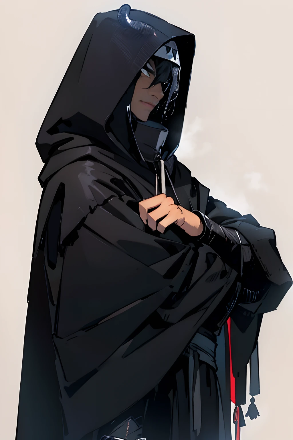 Man with big black fur horns with hood on head hood, roupas de sombra preta pele preta