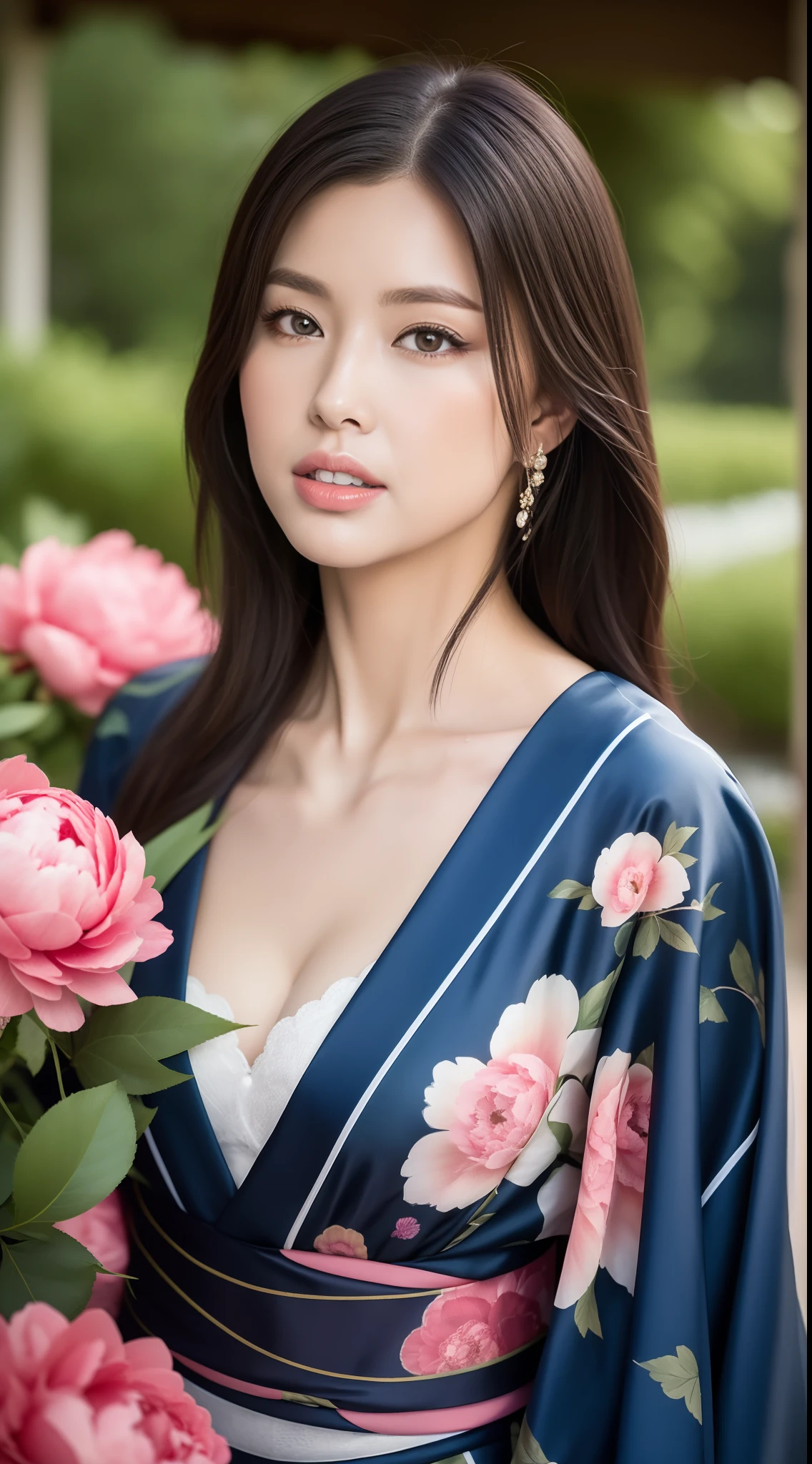 （Kimono made of peonies，lots of roses），Contemporary art，Complex design，top-quality，8K，tmasterpiece：1.3，Clear focus：1.2，Beautiful Women in Perfect Figure：1.4，Highly Detailed Face and Skin Textur，Detailed eyes，cparted lips，fully body photo，