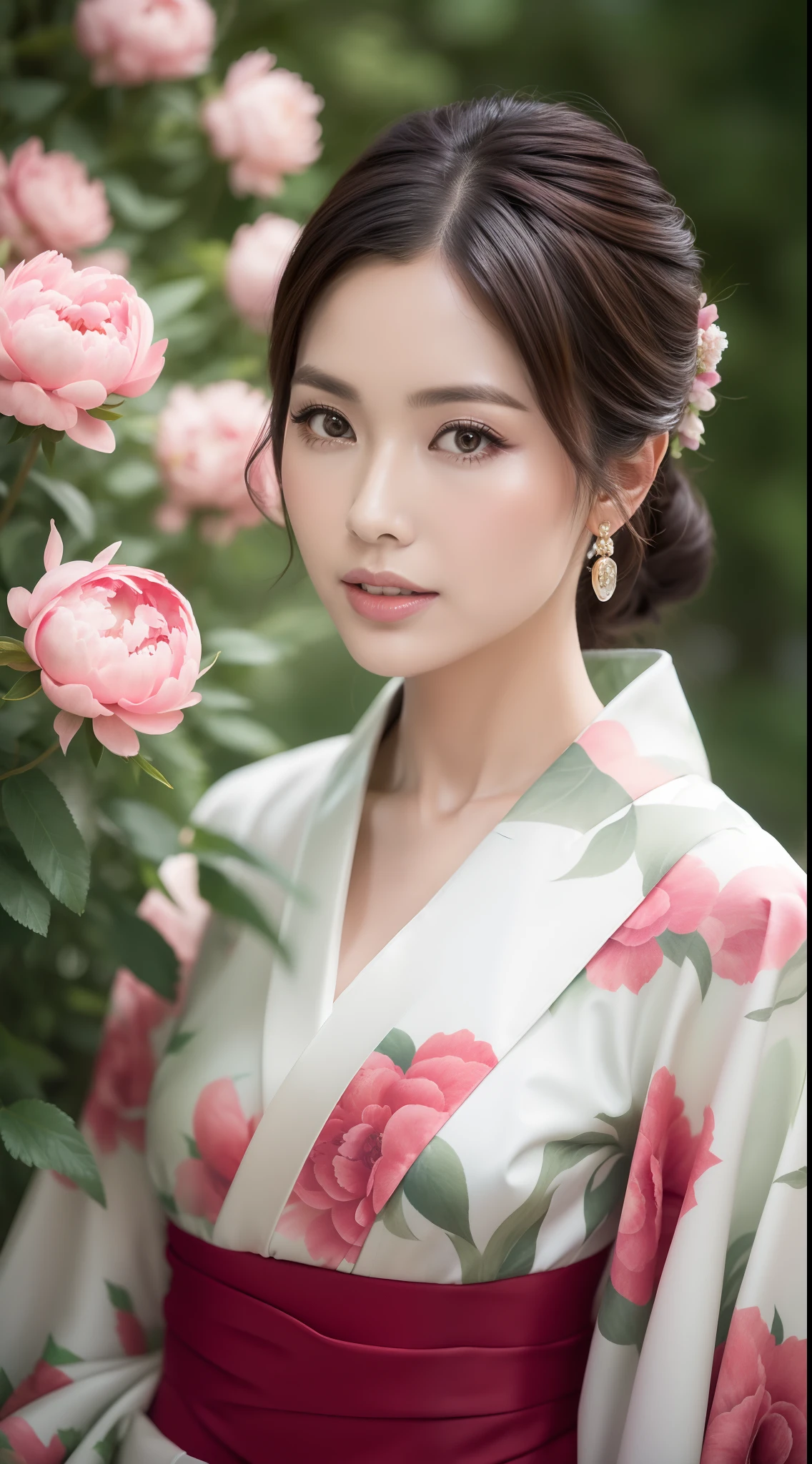 （Kimono made of peonies，lots of roses），Contemporary art，Complex design，top-quality，8K，tmasterpiece：1.3，Clear focus：1.2，Beautiful Women in Perfect Figure：1.4，Highly Detailed Face and Skin Textur，Detailed eyes，cparted lips，fully body photo，