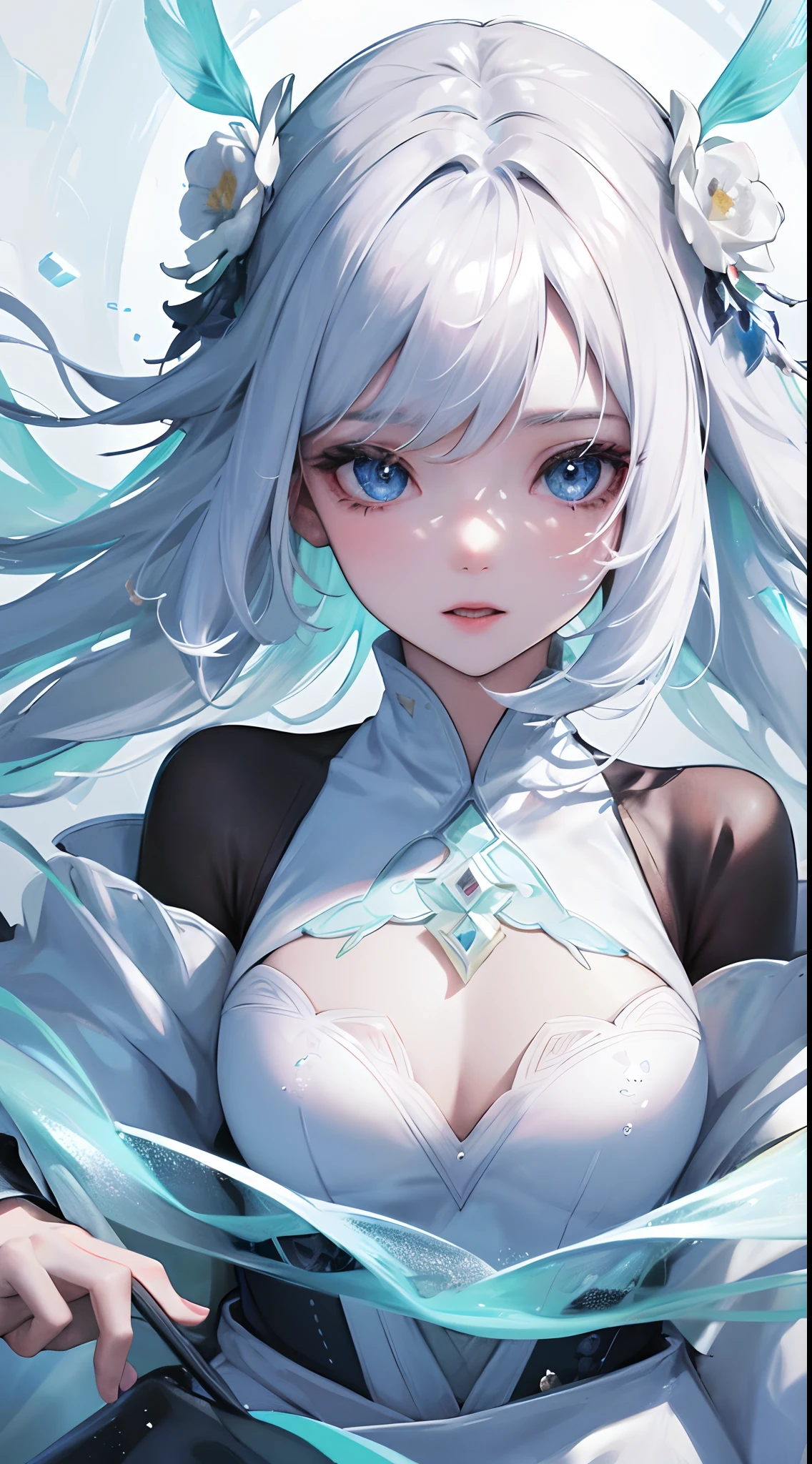a Super cute girl，designs：GenshinImpact，White color hair，onthe mountain，Dripping particles are spread all over the body，Front lighting，Bright colors，aestheticly pleasing，high detailed art，beautiful 3d render，4K，Delicate details，Hyper-Resolution，accuracy，detail render，（highest  quality）（Master masterpieces）（High degree of completion）（a sense of atmosphere）tmasterpiece，ultra - detailed（half-body portrait）