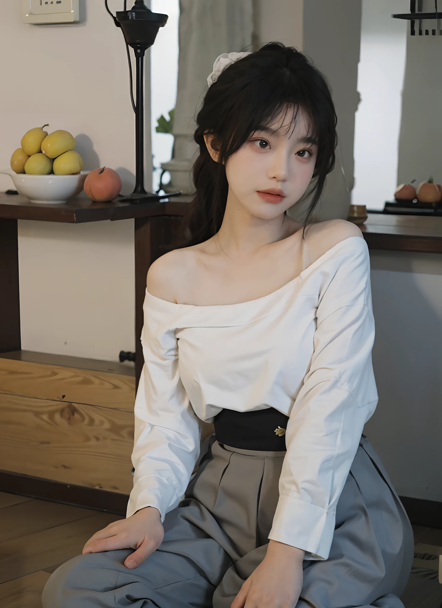 best qualtiy, 超高分辨率, (realisticlying:1.4), twincest, A pair of clear and moving peach blossom eyes,Royal Sister,Off-shoulder white shirt, Yellow tight skirt, (Faded gray-gray hair:1.2), (big cleavage breasts:1.2), looking at viewert, closeup cleavage ,