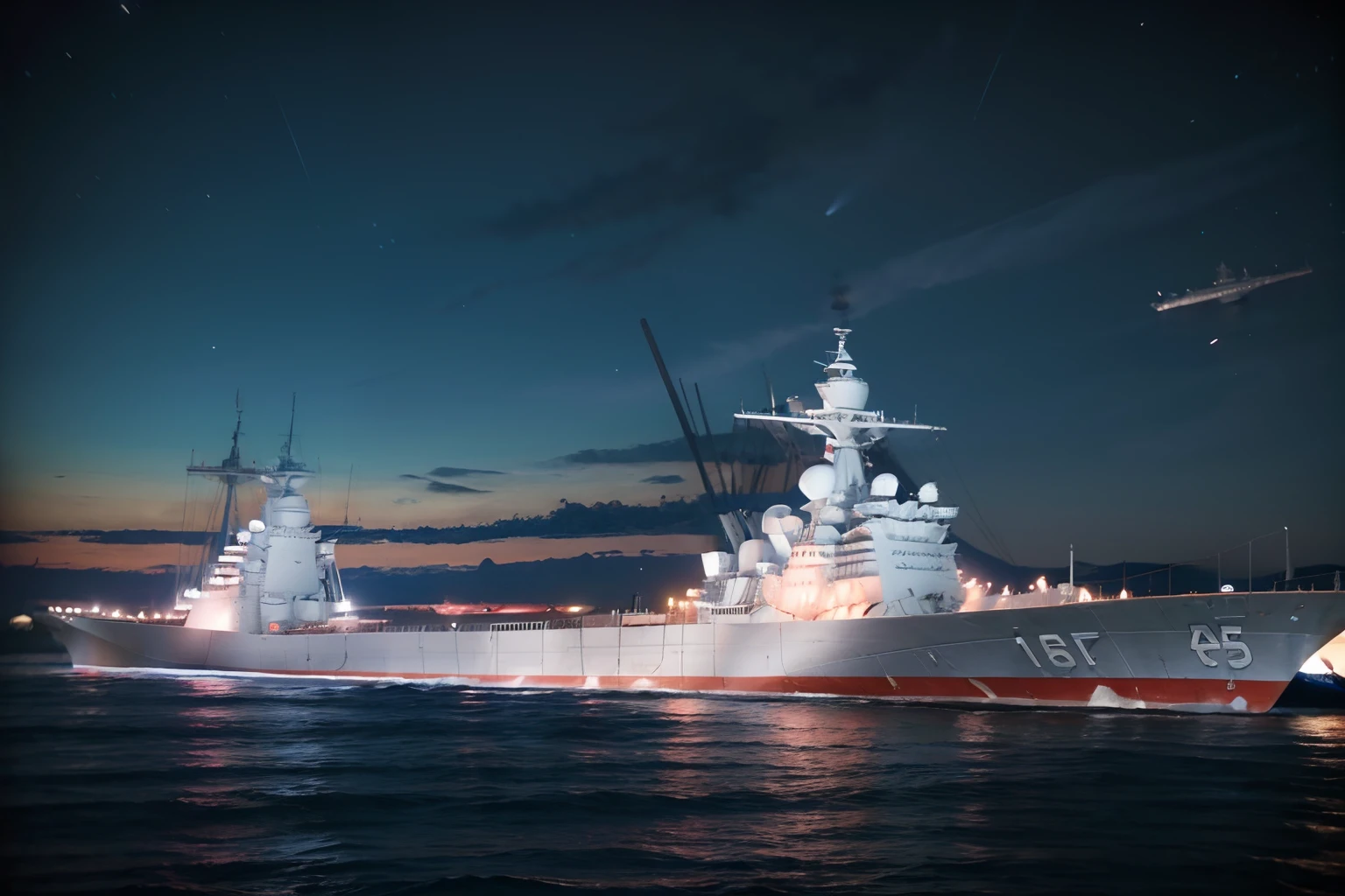 45
(a 25yo woman), (A hyper-realistic), (masutepiece), Naval port at night, military outfits, (warships:1.46), (Breast:0.5)