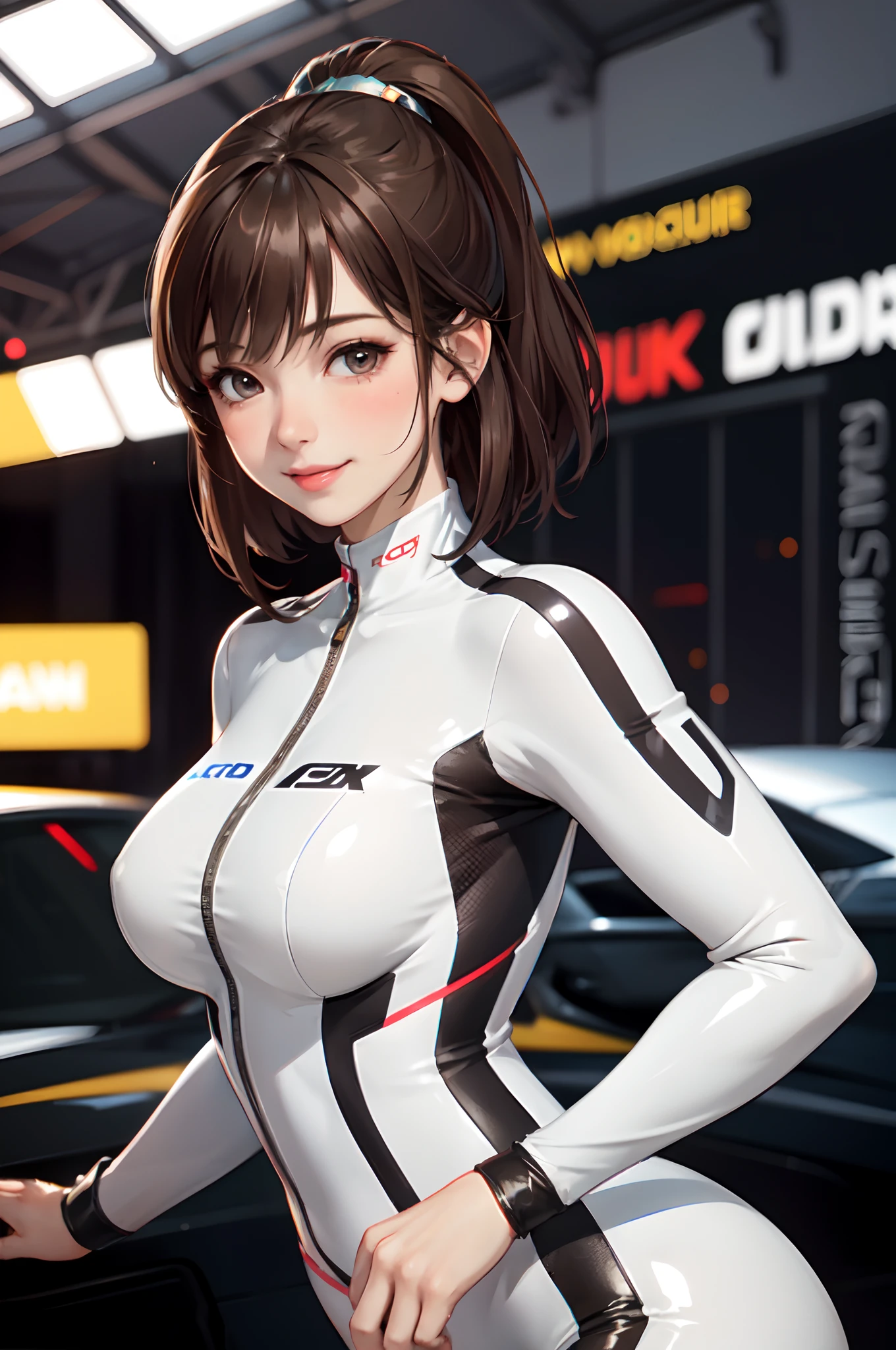 1lady solo standing, /(grid girl/) /(racing suit with logo/) latex, mature female, /(brown hair/) bangs, blush kind smile, (masterpiece best quality:1.2) delicate illustration ultra-detailed, large breasts BREAK /(motor show indoors/), audience, detailed background