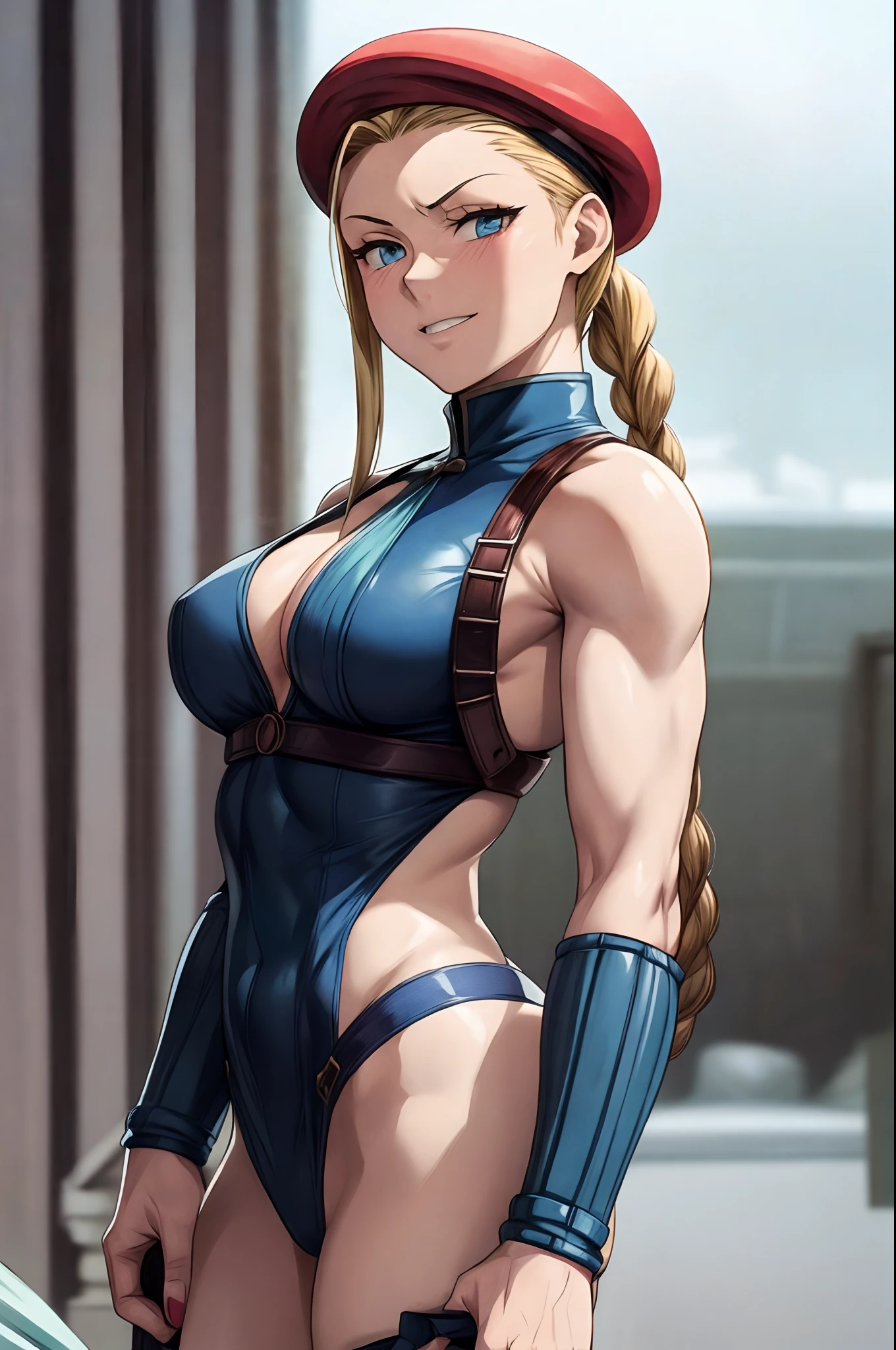 torso view of cammy white (capcom, snk, street fighter, Cammy white diffusionlad), (Capcom vs SNK), (masterpiece), fit body, sexy smile, smirk, big breasts, perky breasts, hard , thick thighs, thigh gap, blonde hair, ponytails, long oversized Victorian Europe-style ringlets with two small forelocks and braids encircling her head, standing looking at you daring you to come closer, in nijistyle