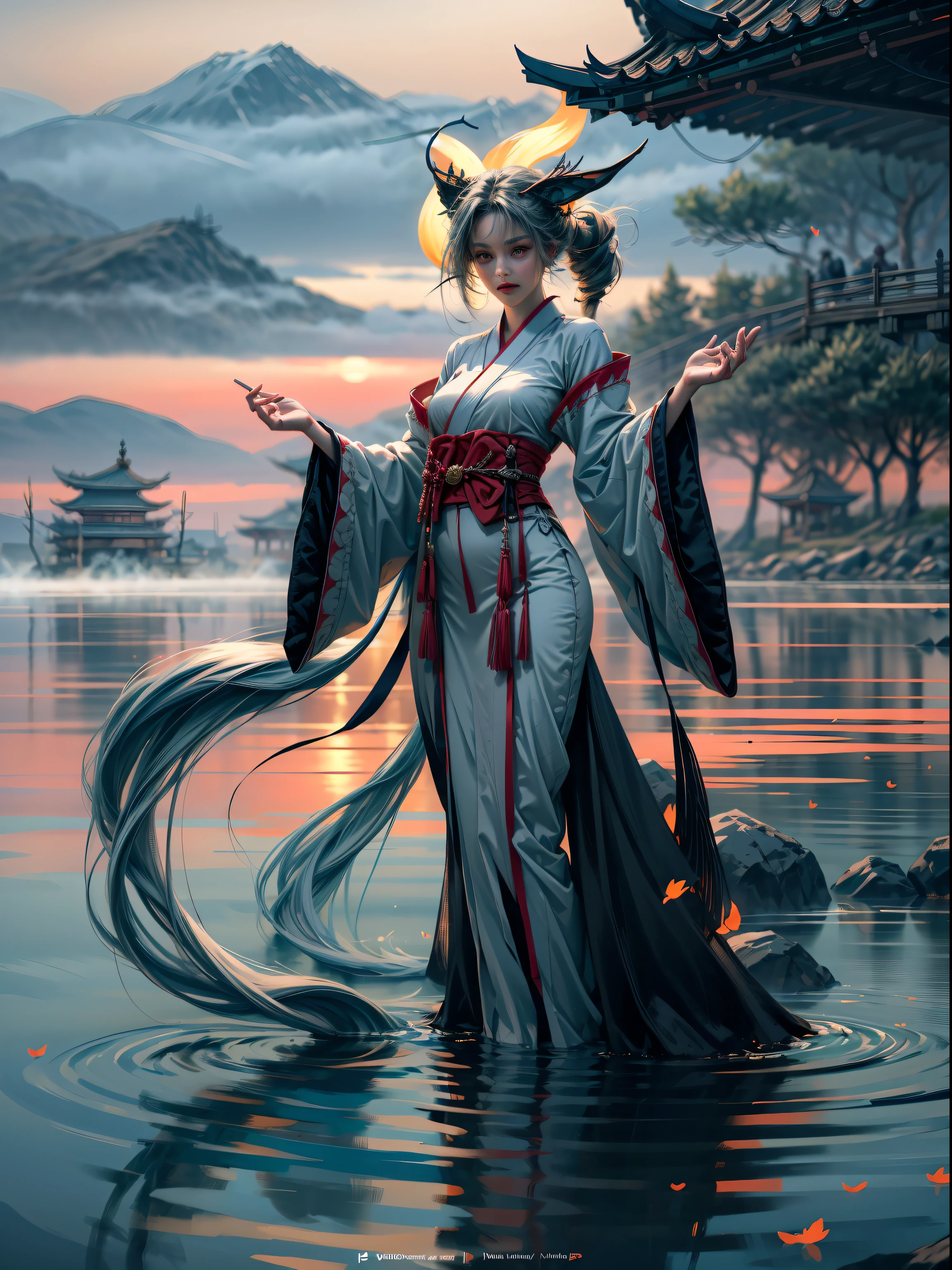 a beautiful and ethereal fox spirit dressed in a flowing white Chinese robe. The image captures the fox spirit standing gracefully on the water's surface, surrounded by white clouds and mist that lend an otherworldly quality to the scene. The fox spirit's long white hair and robes are swept up by the wind, adding movement and fluidity to the image. Use Midjourney's advanced brush tools to create intricate folds and textures in the fox spirit's robes and hair, and experiment with different color palettes and brush strokes to bring out the ethereal quality of the scene. The fox spirit's beauty is further enhanced by the way her image is sometimes obscured by the surrounding mist, giving the scene a sense of mystery and enchantment. With Midjourney's powerful tools, you can bring this captivating and ethereal scene to life with incredible detail and beauty. hdr, (photorealism, masterpiece quality, best quality), , pureerosface_v1,ulzzang-6500-v1.1,