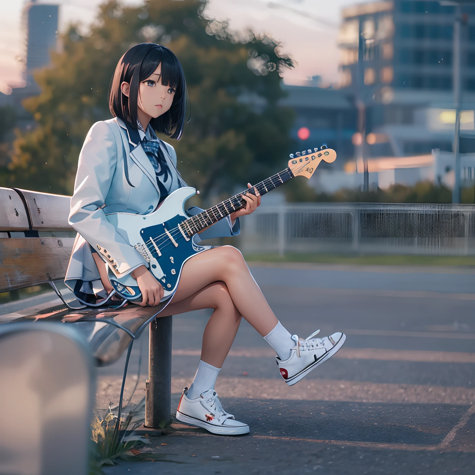 masutepiece, High resolution, Cinematic lighting, Park overlooking the harbor, Alone, High school girl sitting on bench playing electric guitar (Light Blue Fender Stratocaster), Beautiful Girl, Black hair, a short bob, High School Uniform (Dark blue) Blazer and checked skirt), White Converse Basketball Shoes,