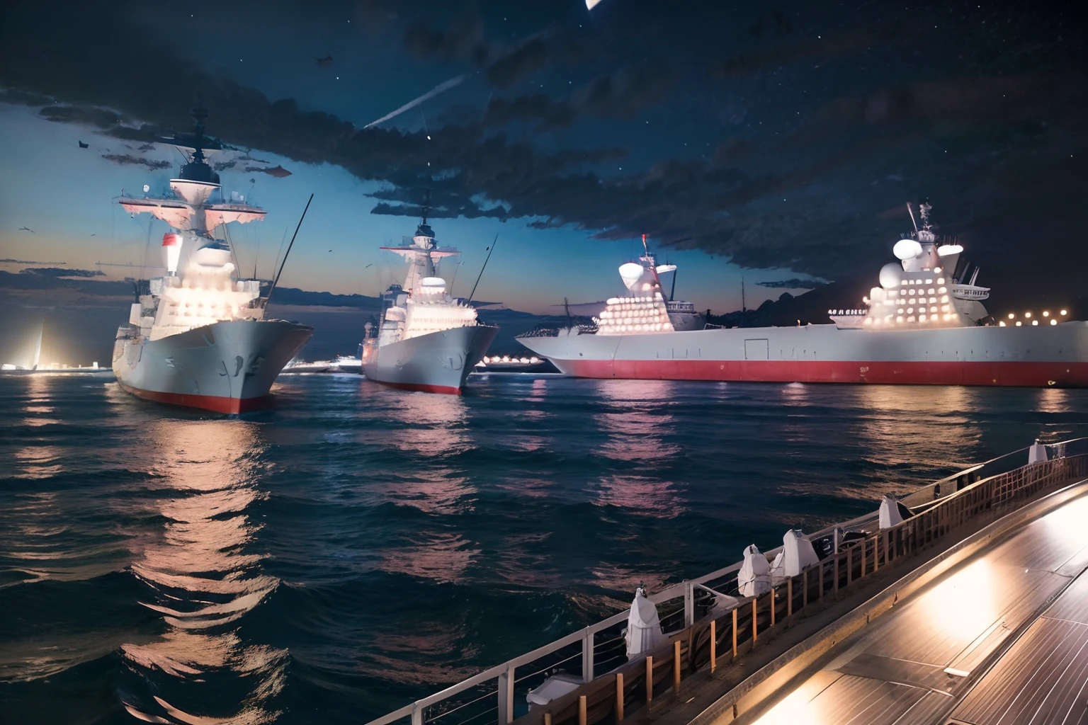 45
(a 25yo woman), (A hyper-realistic), (masutepiece), Naval port at night, military outfits, (warships:1.46), (Breast:0.5)