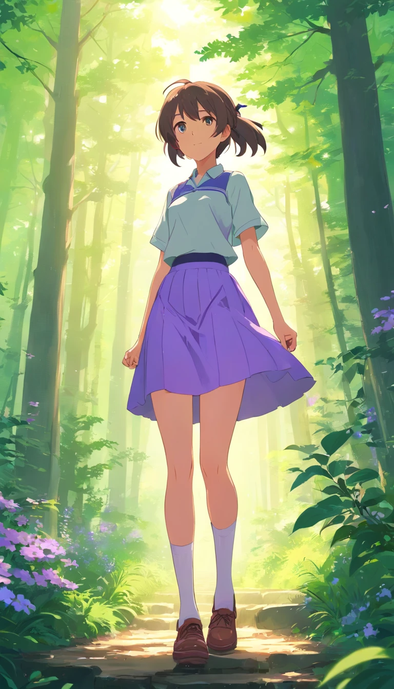best qualtiy， tmasterpiece， 超高分辨率， realisticlying， 1 girl，High ponytail，Heterochromic pupils，Long legs，（long  skirt），Look down and smell the flowers，Light purple tube stockings，Light-colored whiteboard shoes，ln the forest，wide angles