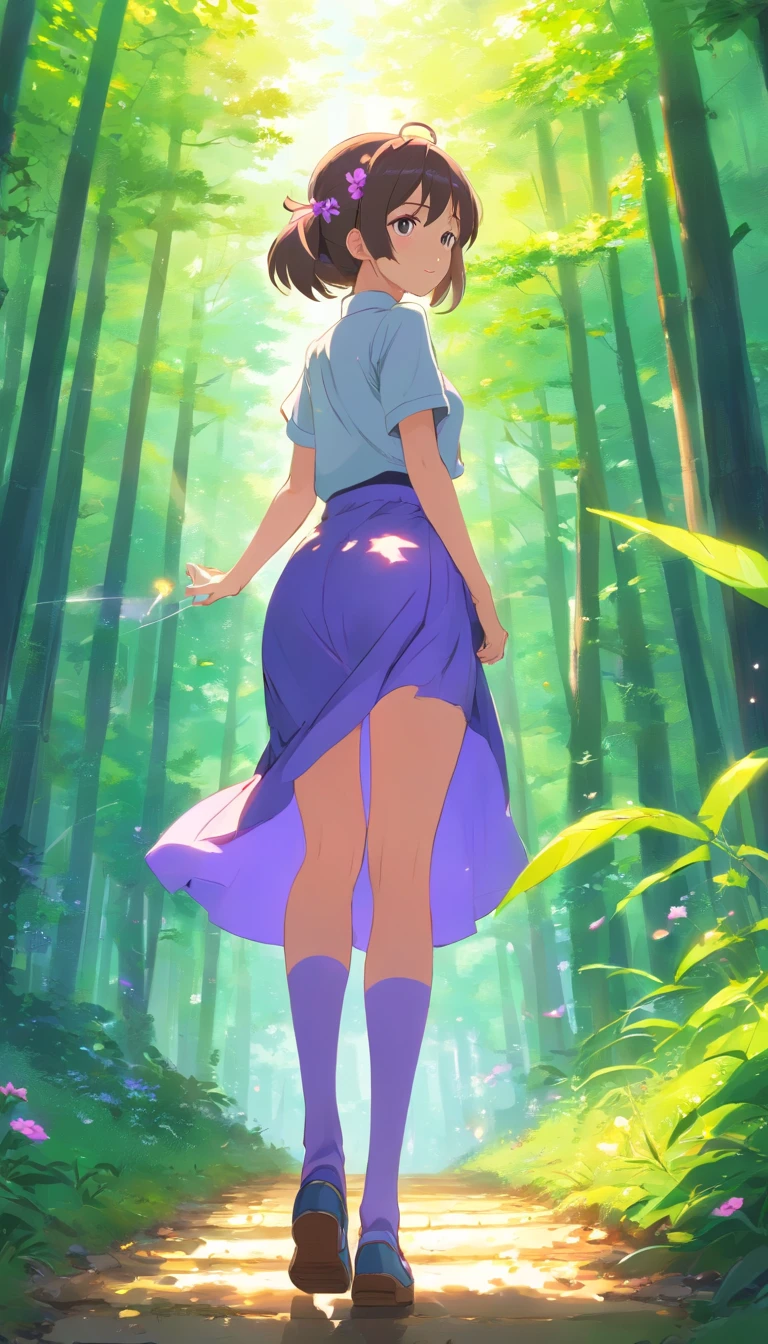 best qualtiy, tmasterpiece, 超高分辨率, realisticlying, 1 girl,High ponytail,Heterochromic pupils,Long legs,(long skirt),Look down and smell the flowers,Light purple tube stockings,Light-colored whiteboard shoes,ln the forest,wide angles