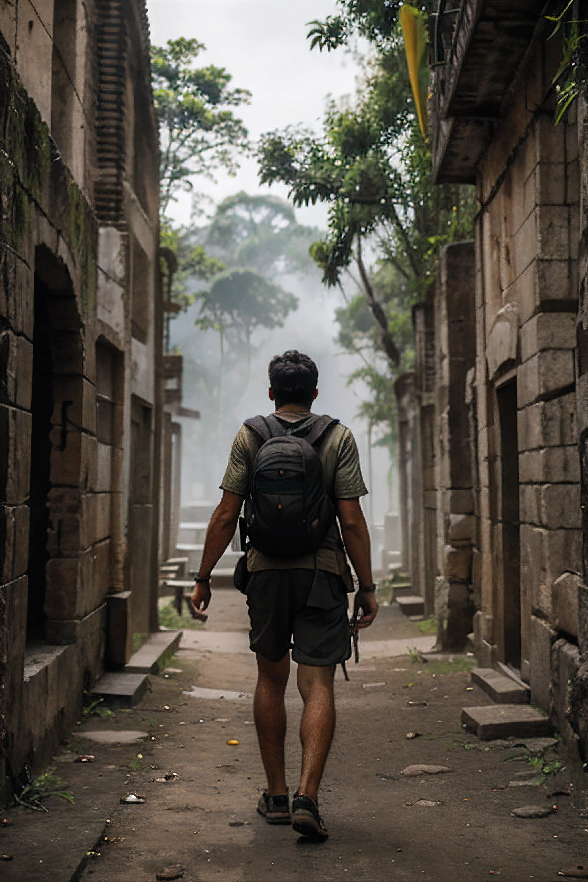 Traveler with a detailed backpack on his back , Walks through an ancient lost city in the juggles of the Amazon , Gazing into the distance , frowning serious brutal face
