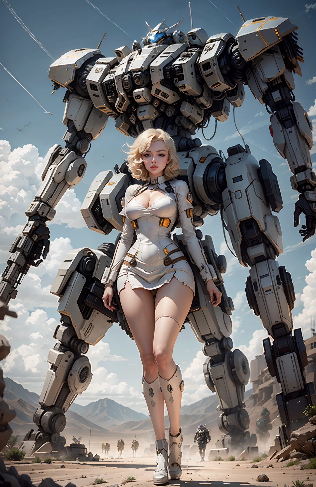 Marilyn Monroe in a light futuristic battle dress, standing in front of a huge battle mech with a matching color scheme