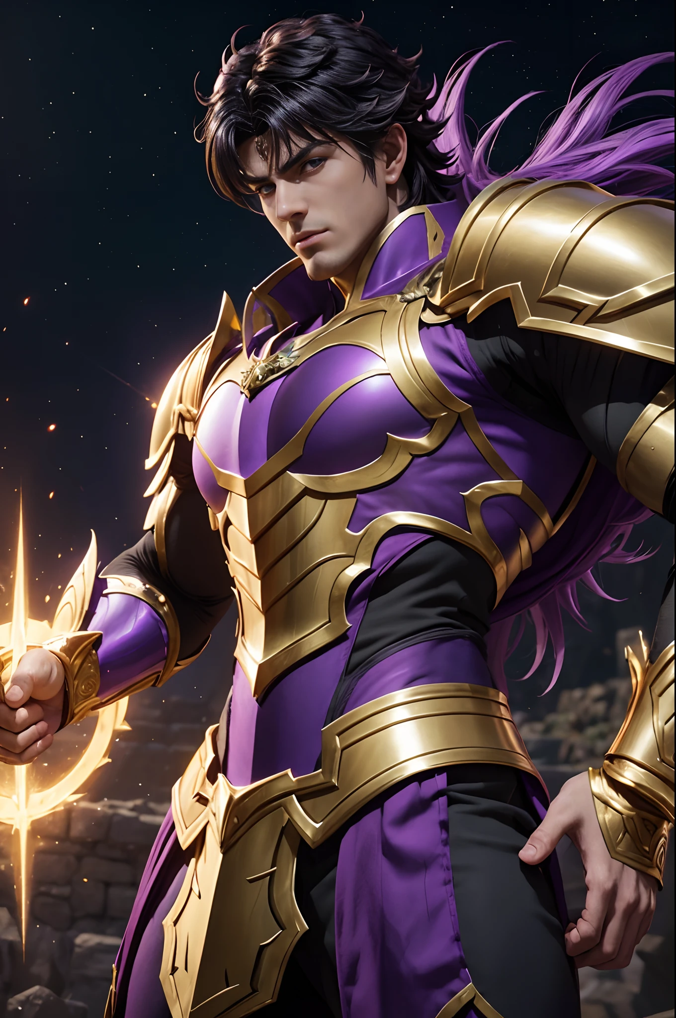 Alafed man in purple costume and gold armor, unreal engine render saint seiya, joseph joestar, Trending in art stations, dio brando, highly detailed exquisite fanart, 3 d render character art 8 k, very detailed Artgerm, Purple armor, muscular male hero, handsome guy in demon slayer art, range murata and artgerm