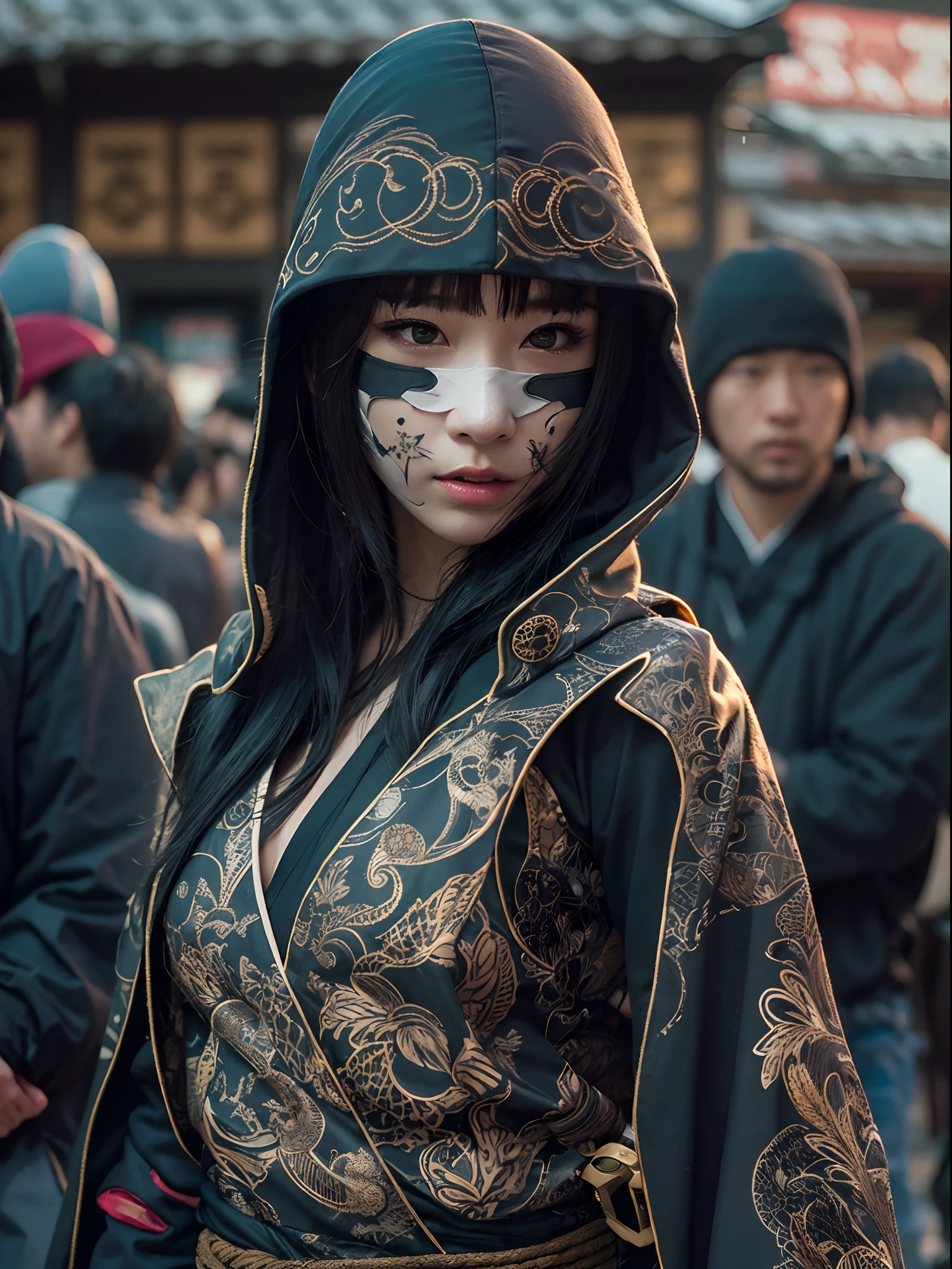 (photo realistic:1.4), (hyper realistic:1.4), (realistic:1.3),(increase cinematic lighting quality:0.9),Elaborate female ninja,fringe hair,huge butt,Elaborate patterns ninja mask,Elaborate patterns Ninja cape,Elaborate patterns Ninja hood,fake fingernail,Slingshot swimsuit,(twilight:1.2),japanes City of the period drama,Crowds