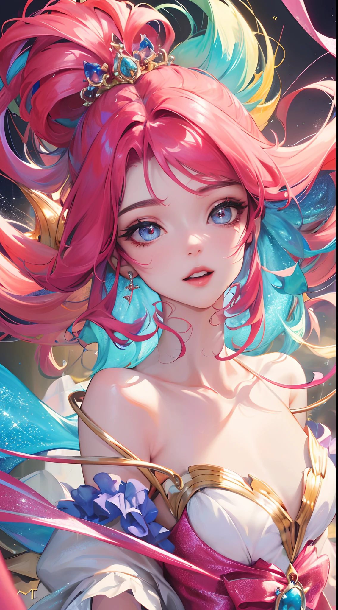princess ariel,20 year old crazy girl,beautiful face,conservativelydressed,fanciful,rich colourful,Fashionab,复杂,mesSy,Twinkle dazzlingly,glittery,dynamic angle,High sensitivity,tmasterpiece,8k wallpaper,Best quality,perfect surrealcomposition,glittery,Beautiful 3D rendering,Delicate details,Hyper-Resolution,accuracy,detail render,(highest quality)(Master masterpieces)(High degree of completion)(a sense of atmosphere)tmasterpiece,ultra - detailed(half-body portrait)