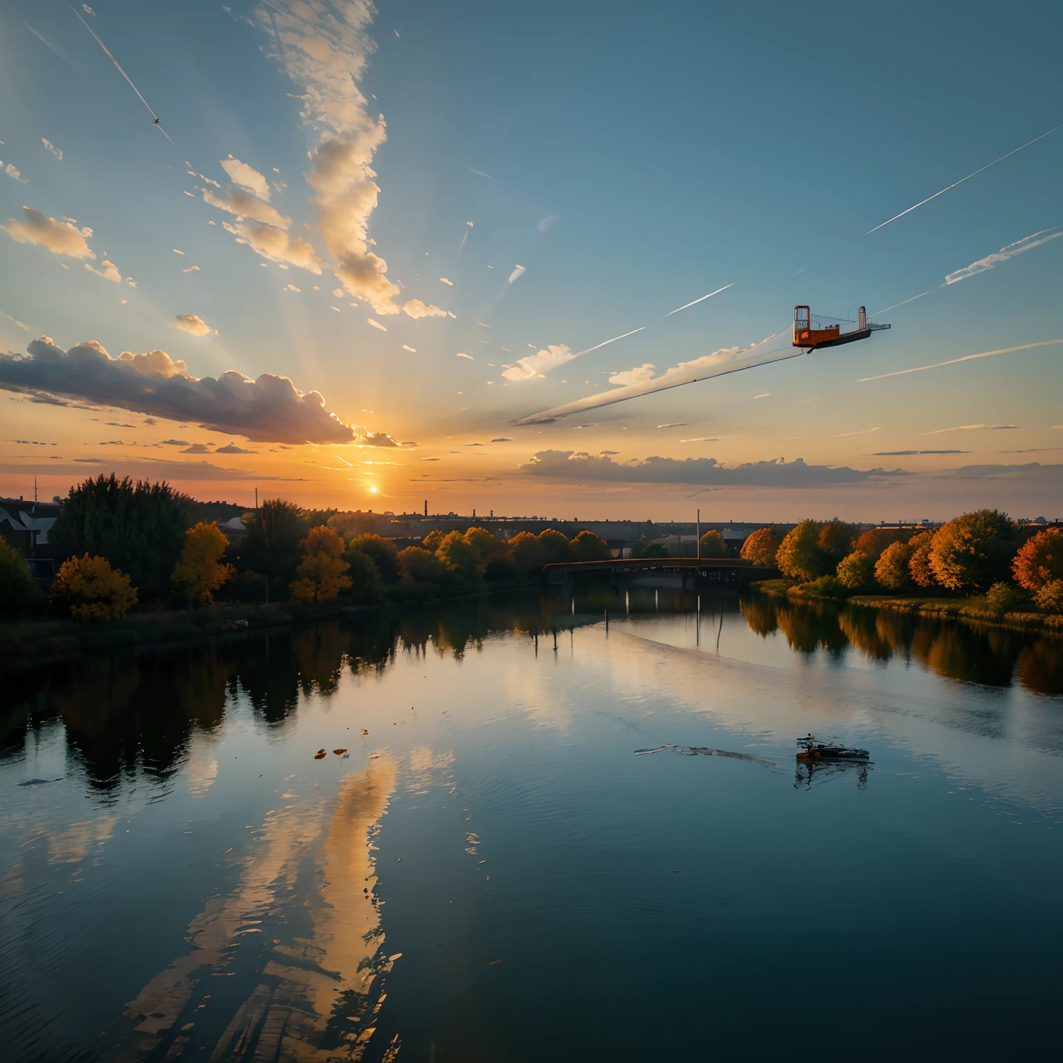 Paint in Van Gogh style a sunset and a solitary crane flying together，The autumn water is a sight of the same sky。