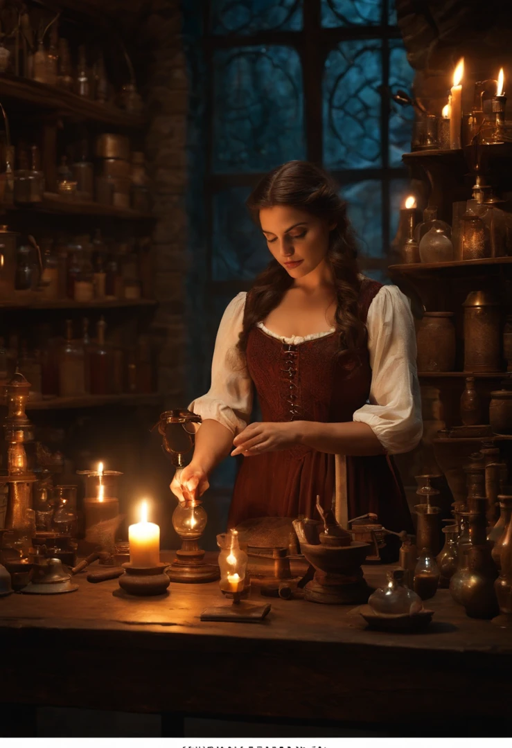 There's an Italian woman, Sentado em uma mesa com velas, she is in the potions workshop, magica, Who invokes a spell, Alquimista medieval no escuro, Fantasy Alchemist's Laboratory, Um feiticeiro arcano, Who casts a spell, Casting spells on a potion, It's in an alchemist's lab, alchemy laboratory, Spell Wizard, Magical Laboratory Environment