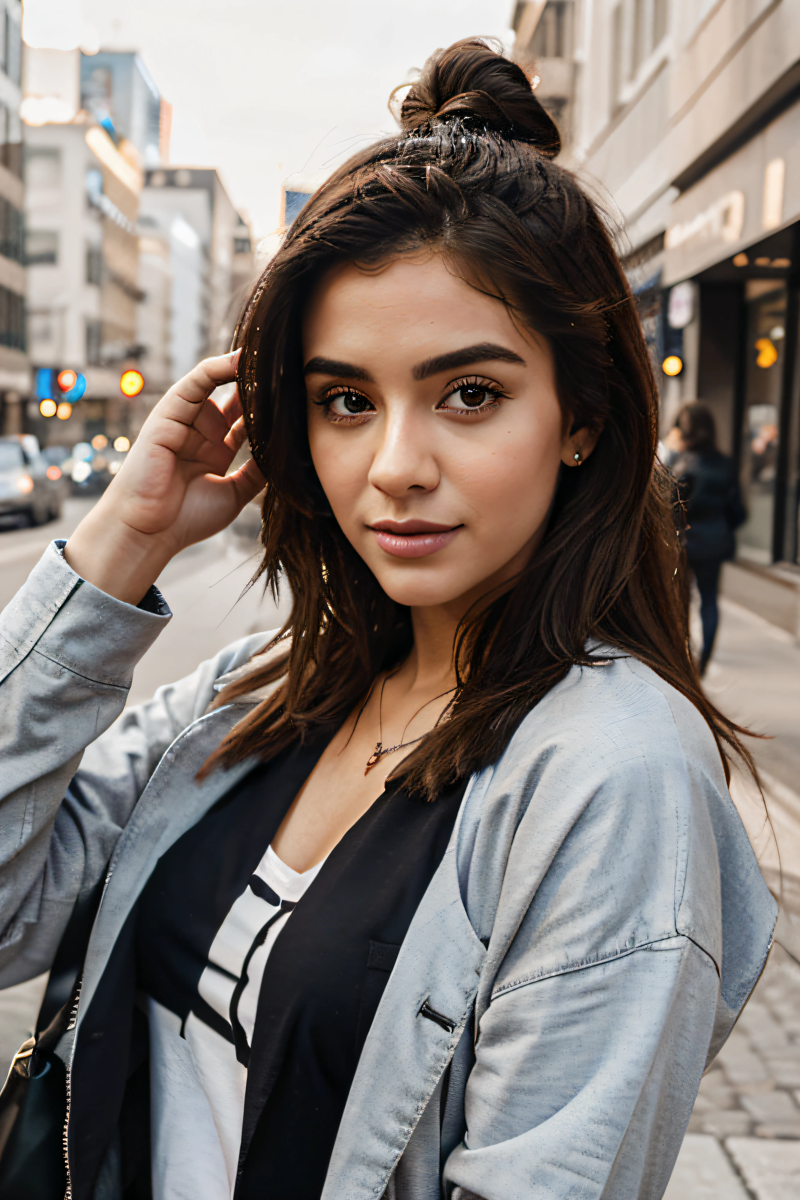 here is a woman in a pink hoodie top posing for a picture,hoodie down,outside,city,long hair, indian girl with brown skin, sexy girl with dark complexion, tanned beauty portrait, sultry digital painting, realistic digital painting, detailed beauty portrait, detailed beautiful portrait, with brown skin, in a europe city, photorealistic beautiful face, photorealistic digital painting, realistic female portrait, oil painting of realistic woman