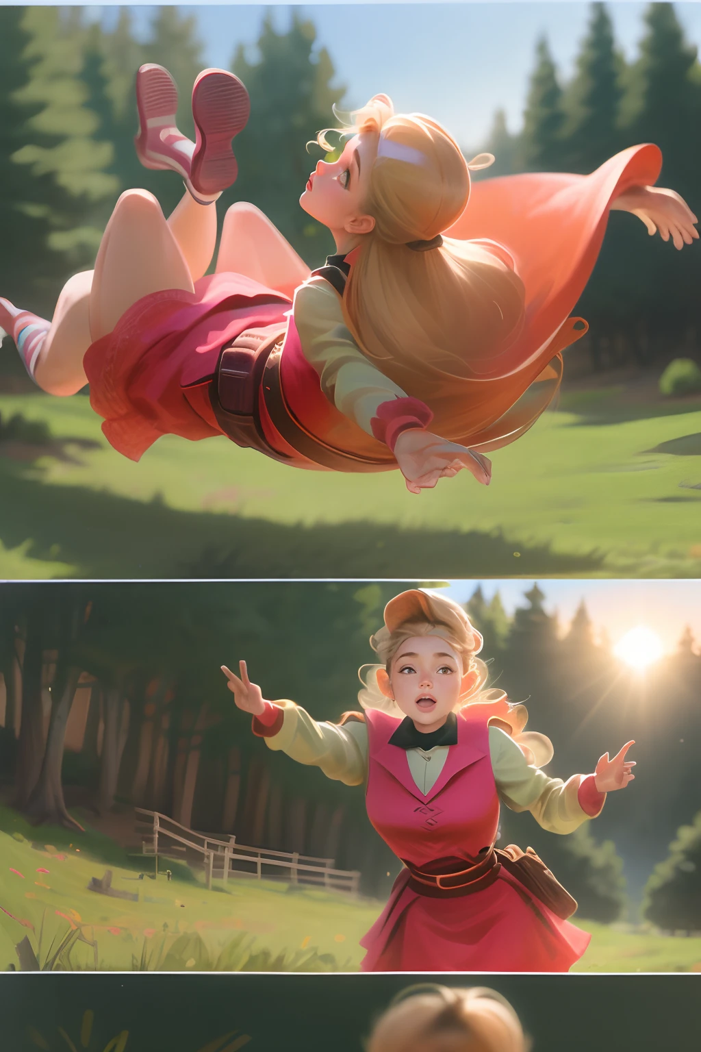 Comic storyboard:2, Uzri pine goes to the countryside,1 beautiful girl,Playing happily,and the sun was shining brightly,An amusement park