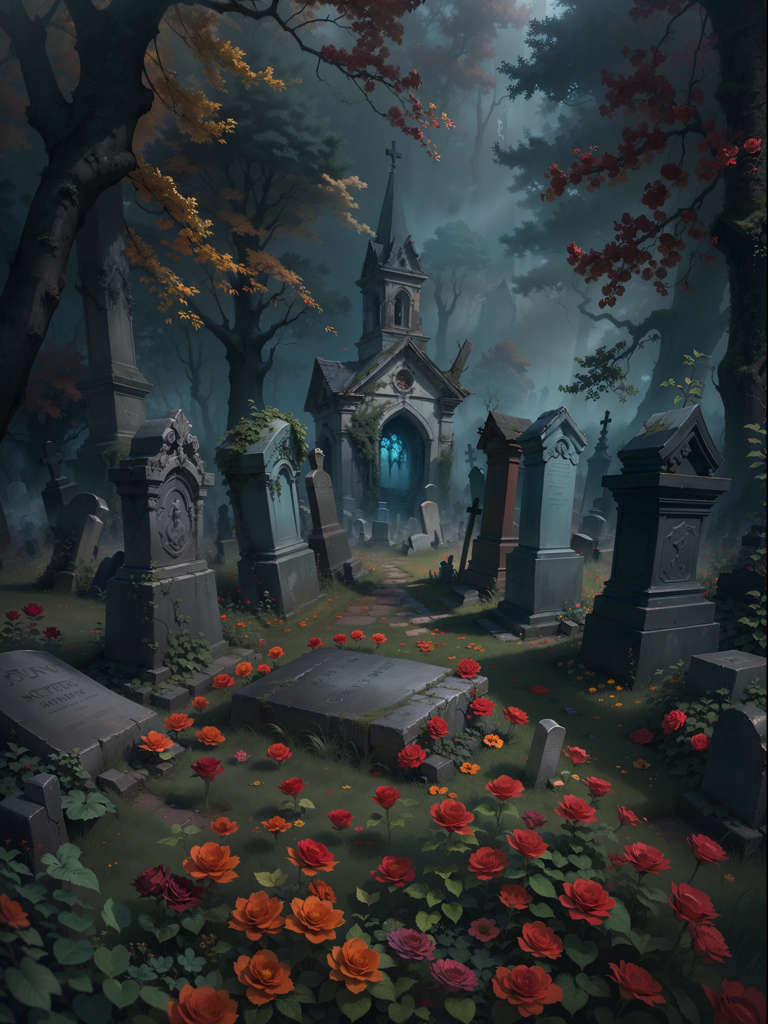 (Best quality,4K,A high resolution,Masterpiece:1.2),fantasy horror art,Black Forest,Abandoned church,Mysterious ancient cemetery,(Many tombstones),Overgrown tombstones,Many red roses.,dense fog