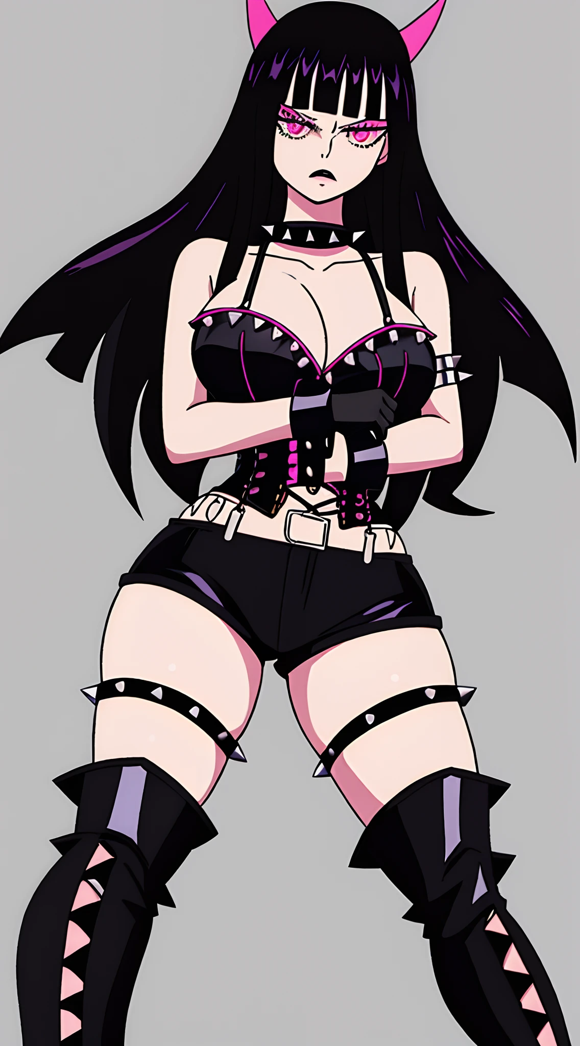 Goth Woman, long black hair with bangs, choker with spikes, black clothes, black mini shorts, black blouse, big boots black gloves, big breasts, thin waist, wide hips, attractive face, fighting pose, black gloves, black platform boots, black corset, fishnet stockings, spiked bracelet, pink eyes, full body