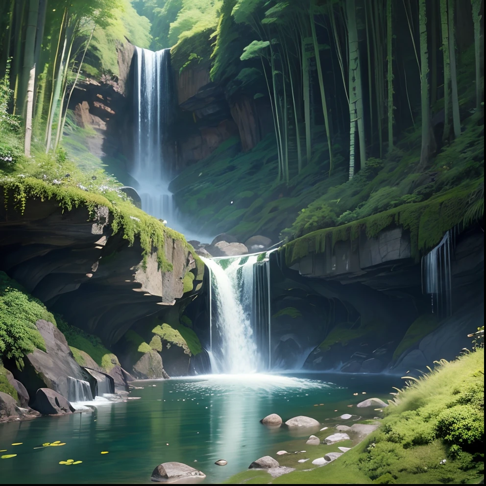 Masterpiece, best quality, 8K, high res, ultra-detailed, A scene of a waterfall cascading down a high cliff amongst lush greenery, adorned by vibrant flowers, towering pines, and delicate bamboo groves,no humans, sakura, beautiful view, ultra-detailed, fine detailed, highly detailed, intricate, highly detailed, ultra-detailed, scenery,no humans, lush green mountains, winding rivers, misty atmosphere, solitary, intricate details, delicate features, verdant trees, blooming flowers, druid's circle, soft moss, deep forest, intricate leaves and vines, wisps of light, still pool of water, pristine, verdant green, A picturesque scene of a waterfall cascading down a high cliff amongst lush greenery, adorned by vibrant flowers, towering pines, and delicate bamboo groves.
