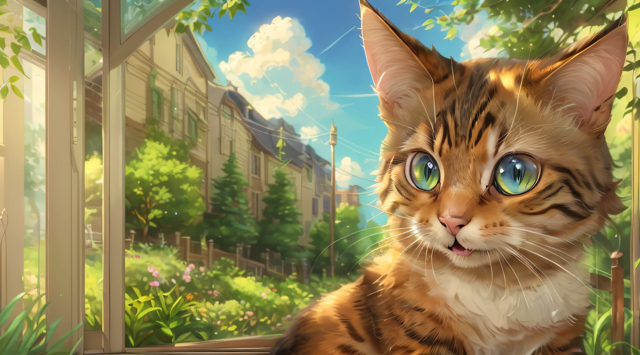 There is a cat sitting on the window sill, Adorable Digital Painting, cute detailed digital art, realistic anime cat, anime visual of a cute cat, 4K highly detailed digital art, realistic illustration, 4k detailed digital art, warrior cat fan art, Photorealistic Illustration, very detailed illustration, Furry foot POV art, Digital painting highly detailed, 4k detailed art,(((Laughing)))