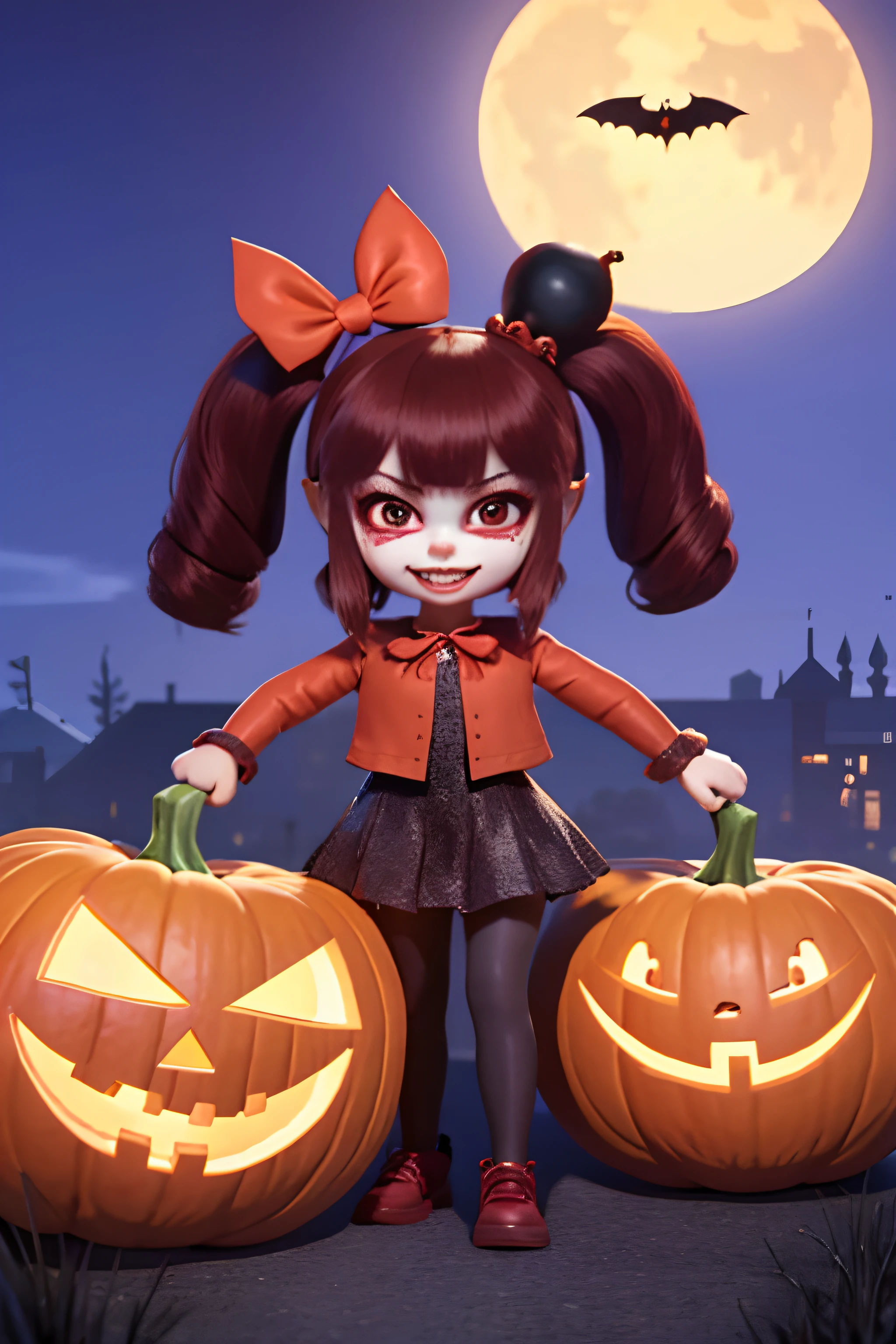 1girll,Half-faced clown mask,Red Moon,borgar,pumpkins,the bats,best qualtiy,HD graphics