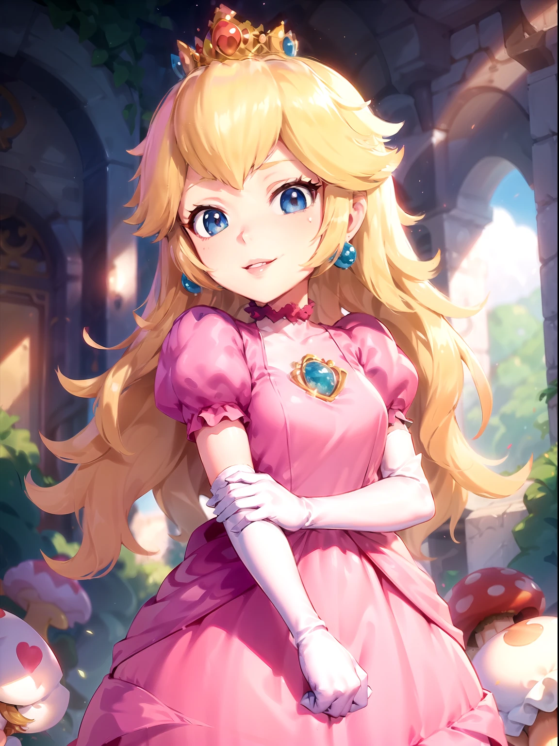 1girl,solo,cowboy shot,smile,(PrincessPeach),(a pink transparent Princess Peach),choker,blue eyes,sensual,mushrooms,mushroom kingdom,pink lips,((glossy lips)),pursed lips,pink pumps,glossy skin,oily skin,beautiful light,(day:1.3),bright,looking at viewer,