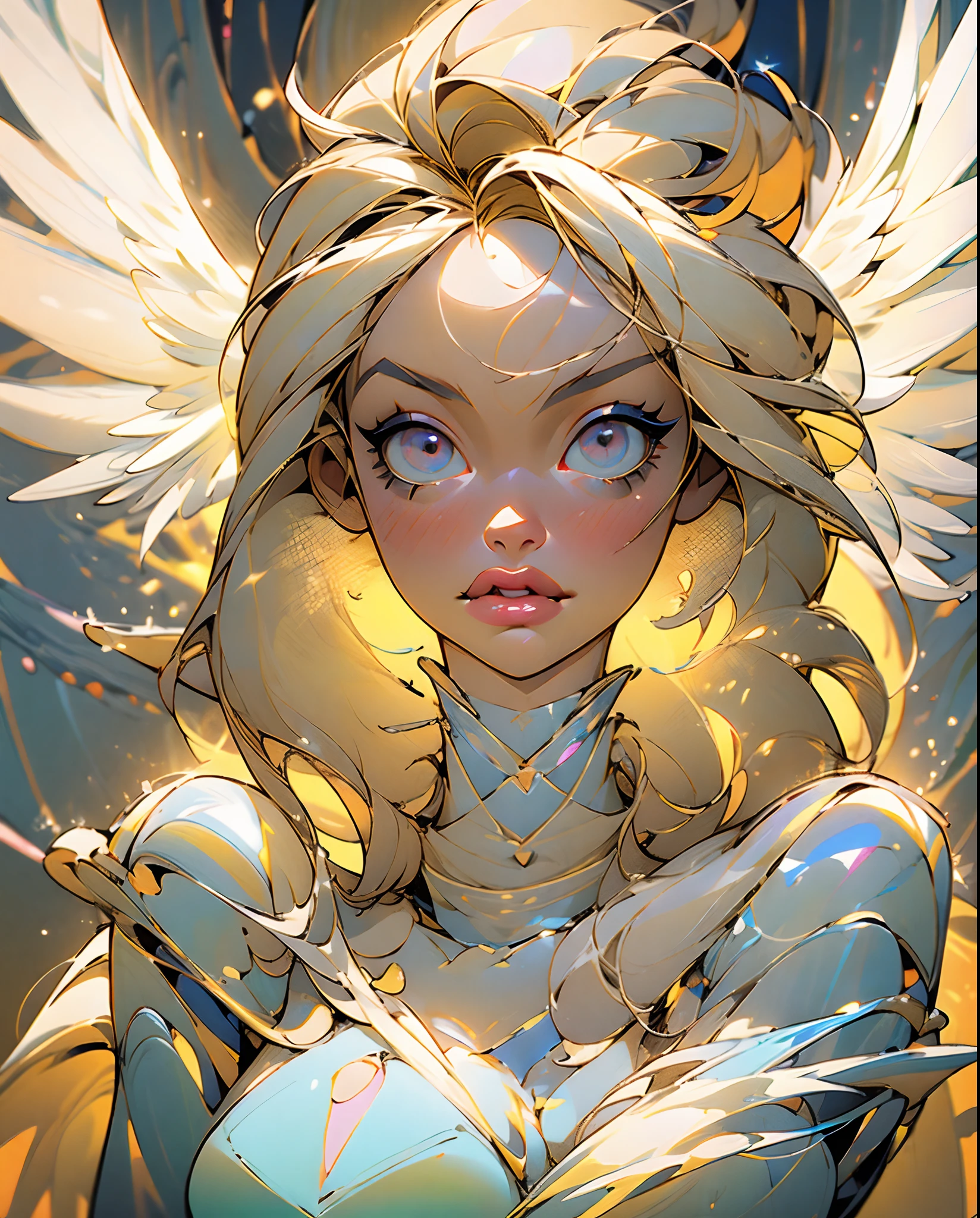 (masterpiece:1.2), Pamela Anderson, lovely face, wings in the background, detailed eyes, detailed lips, blonde hair,  angelic aura, soft lighting, vibrant colors, in nijistyle