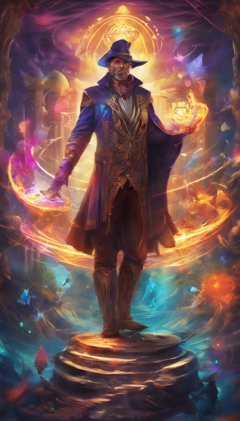 (best quality,4k,8k,highres,masterpiece:1.2),ultra-detailed,realistic,(vibrant colors,colorful,rich colors:1.1),dynamic lighting,tarot card, the magician
