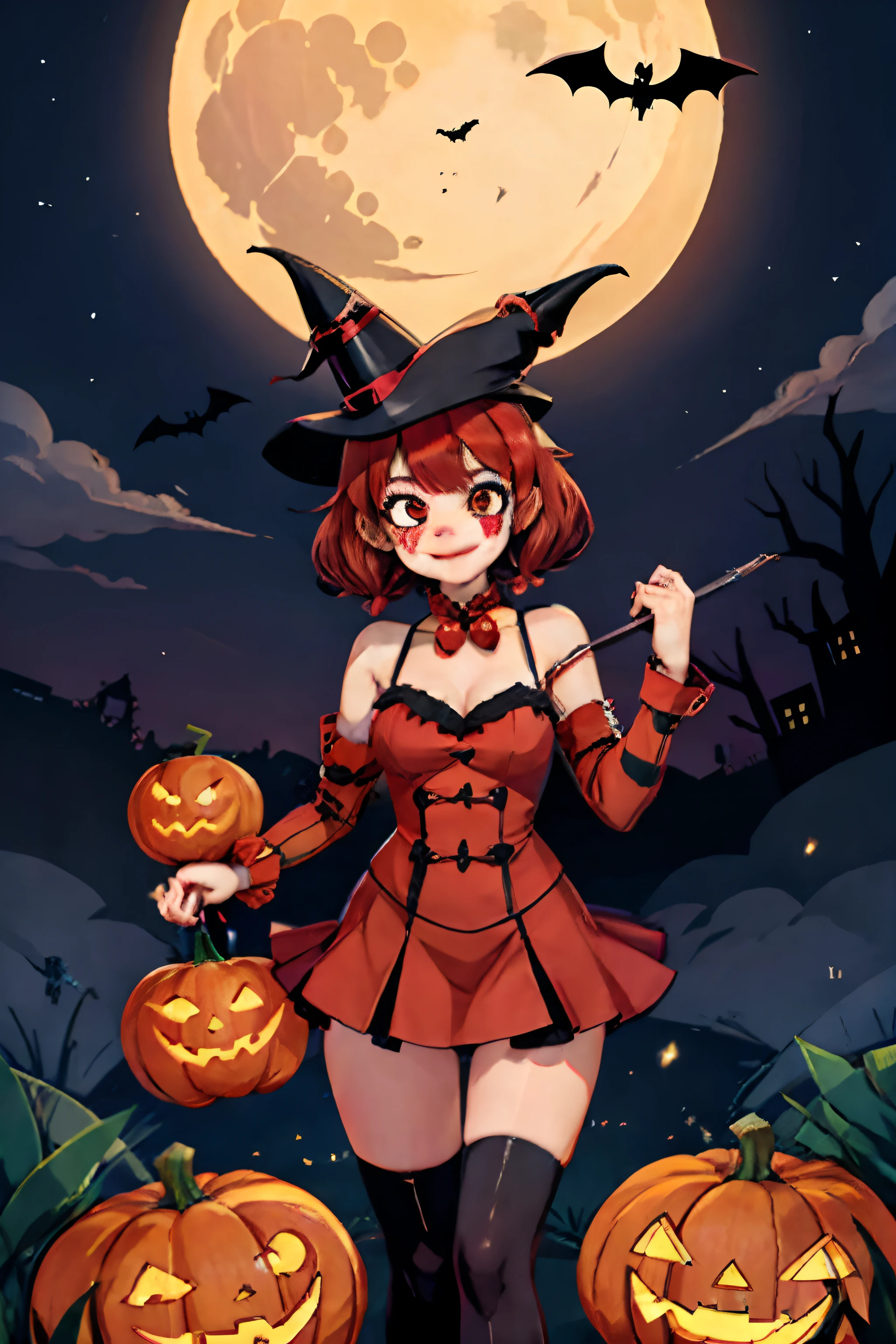 1girll，Half-faced clown mask，Red Moon，borgar，pumpkins，the bats，best qualtiy，HD graphics